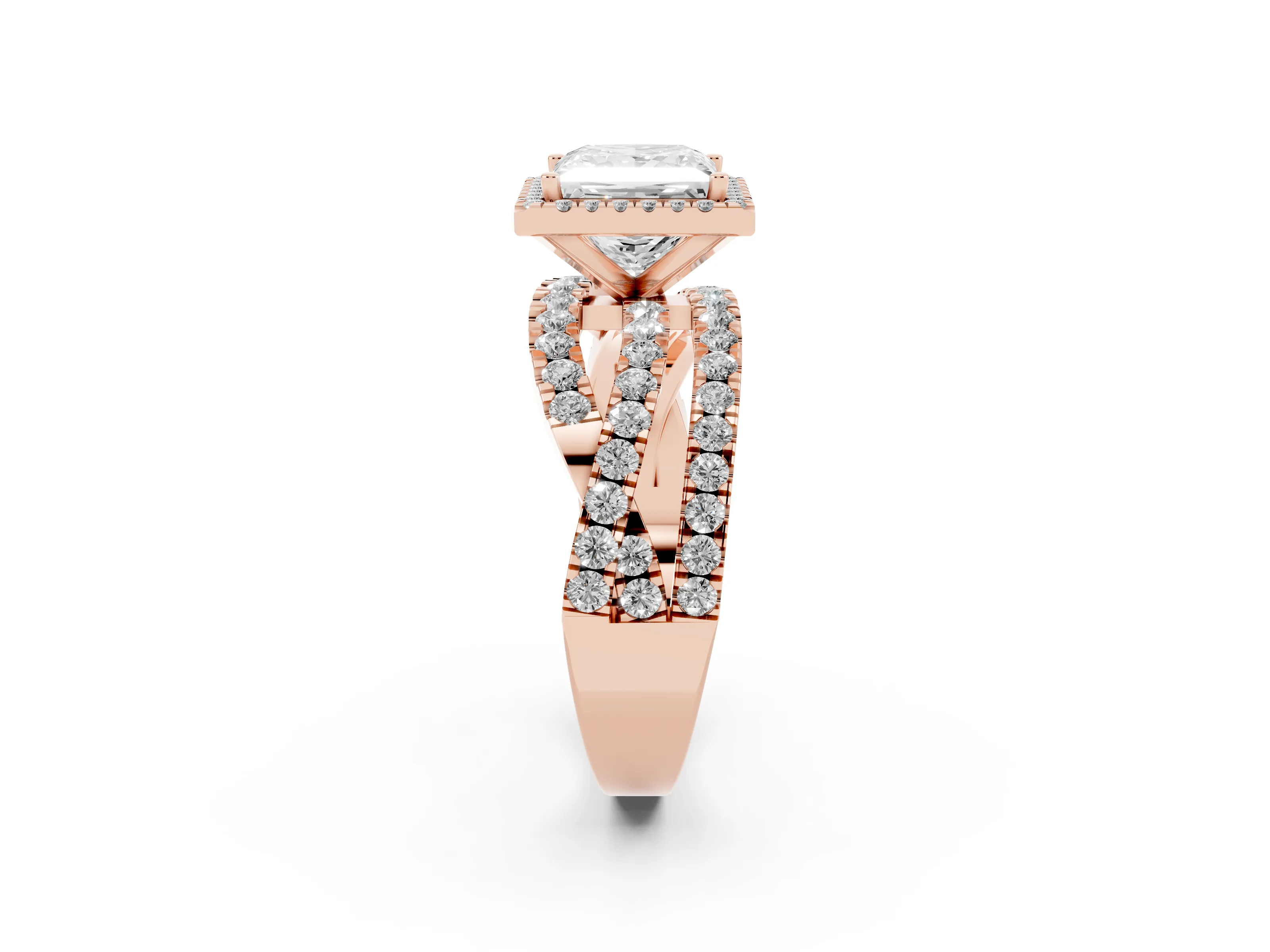 Princess Cut Diamond Halo Ring Set in Rose gold with Round Crossover Split Shank and Prong Setting