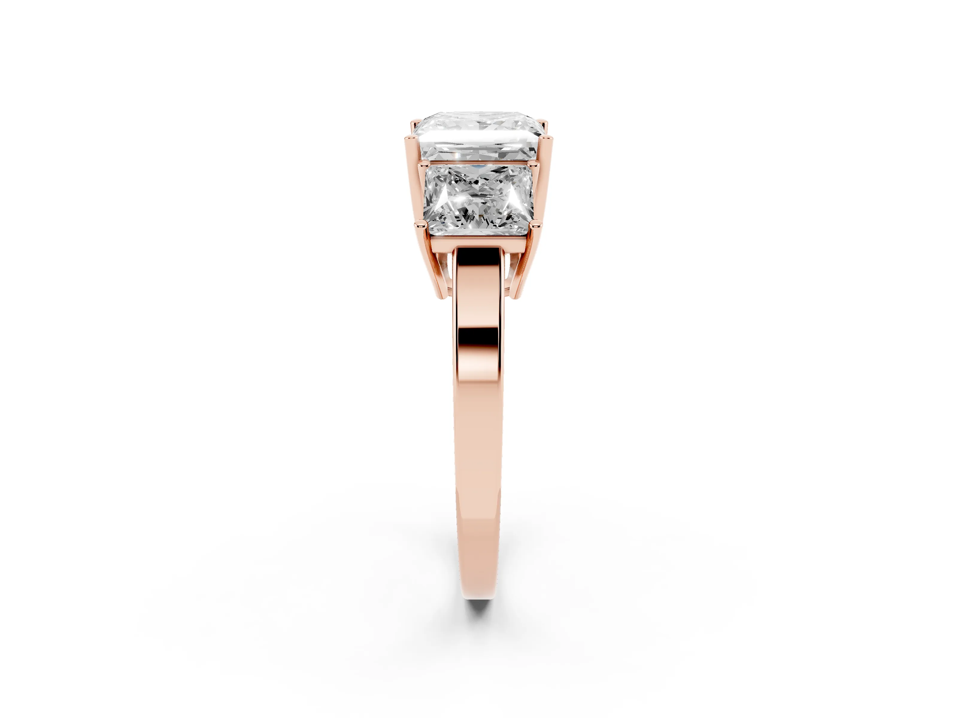 Princess Cut Diamond Three-Stone Engagement Ring Set in Rose gold with Flat Band