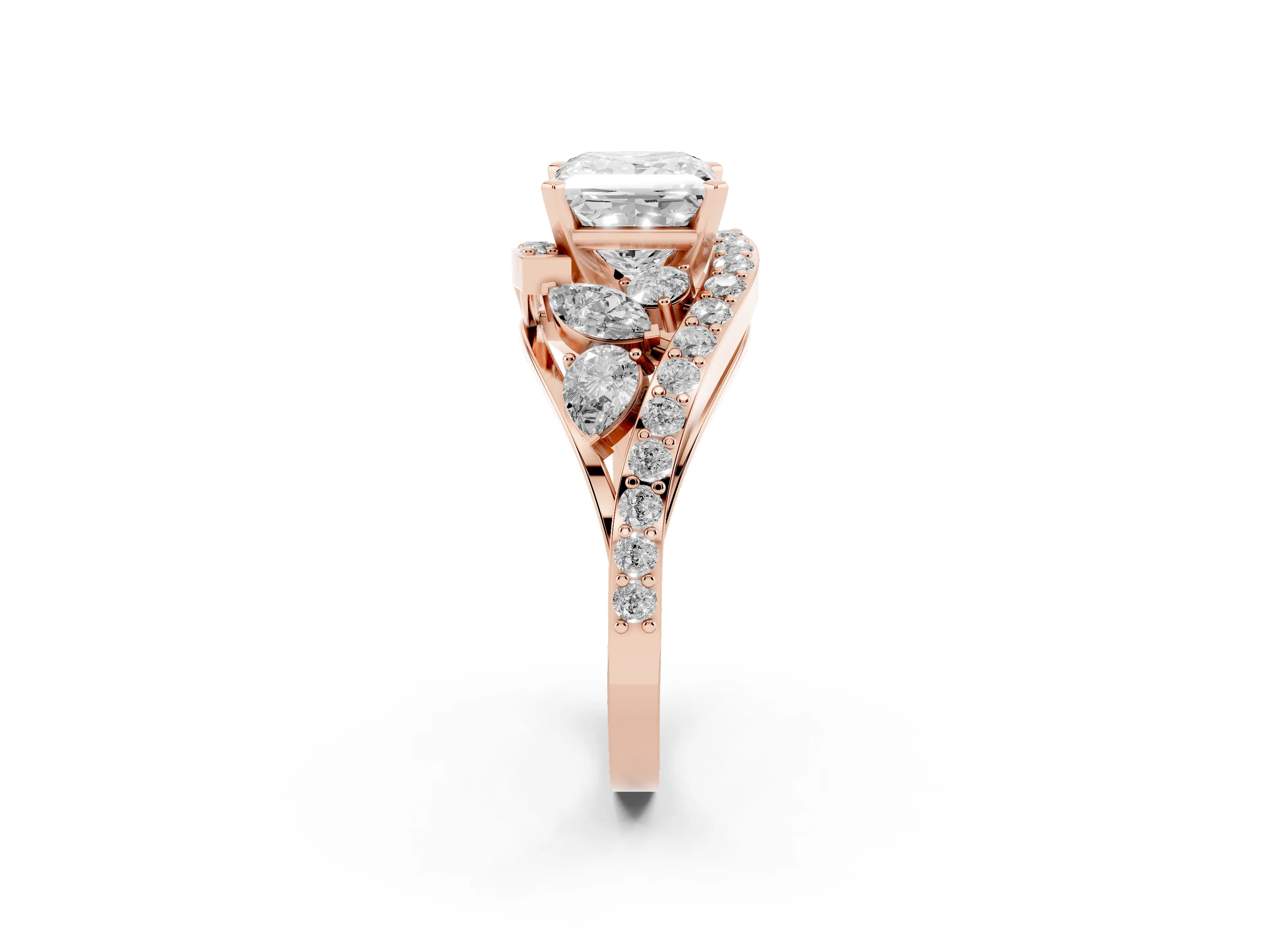 Princess Cut Diamond Halo Ring Set in Rose gold with Marquise and Pavé Band in Prong Setting