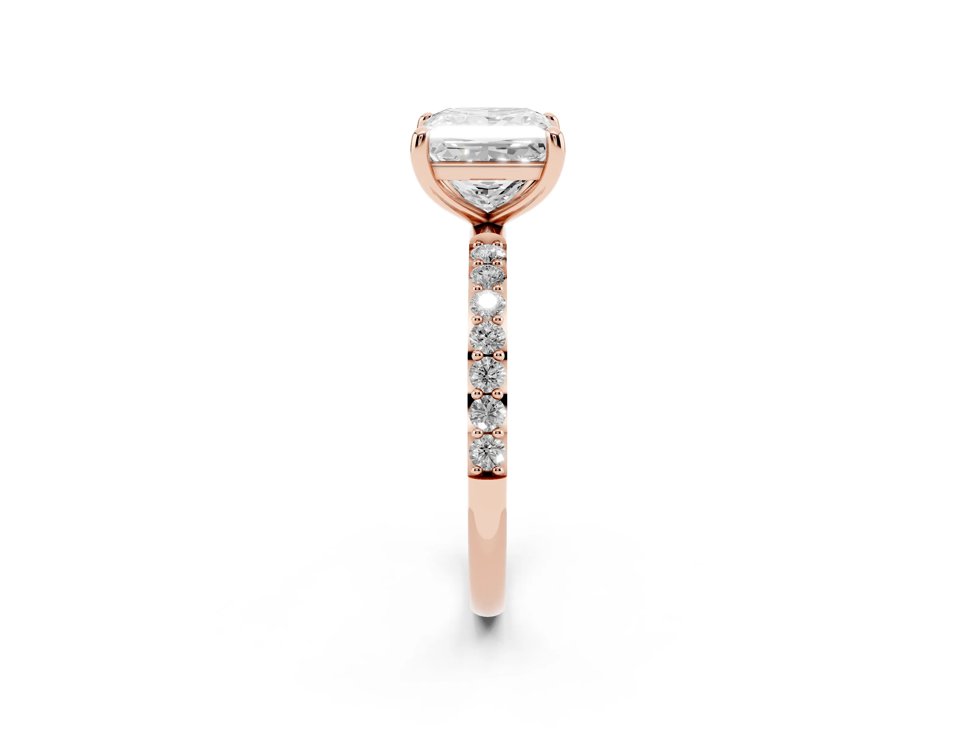 Princess Cut Diamond Solitaire Ring Set in Rose gold with Round Pavé Band and Prong Setting