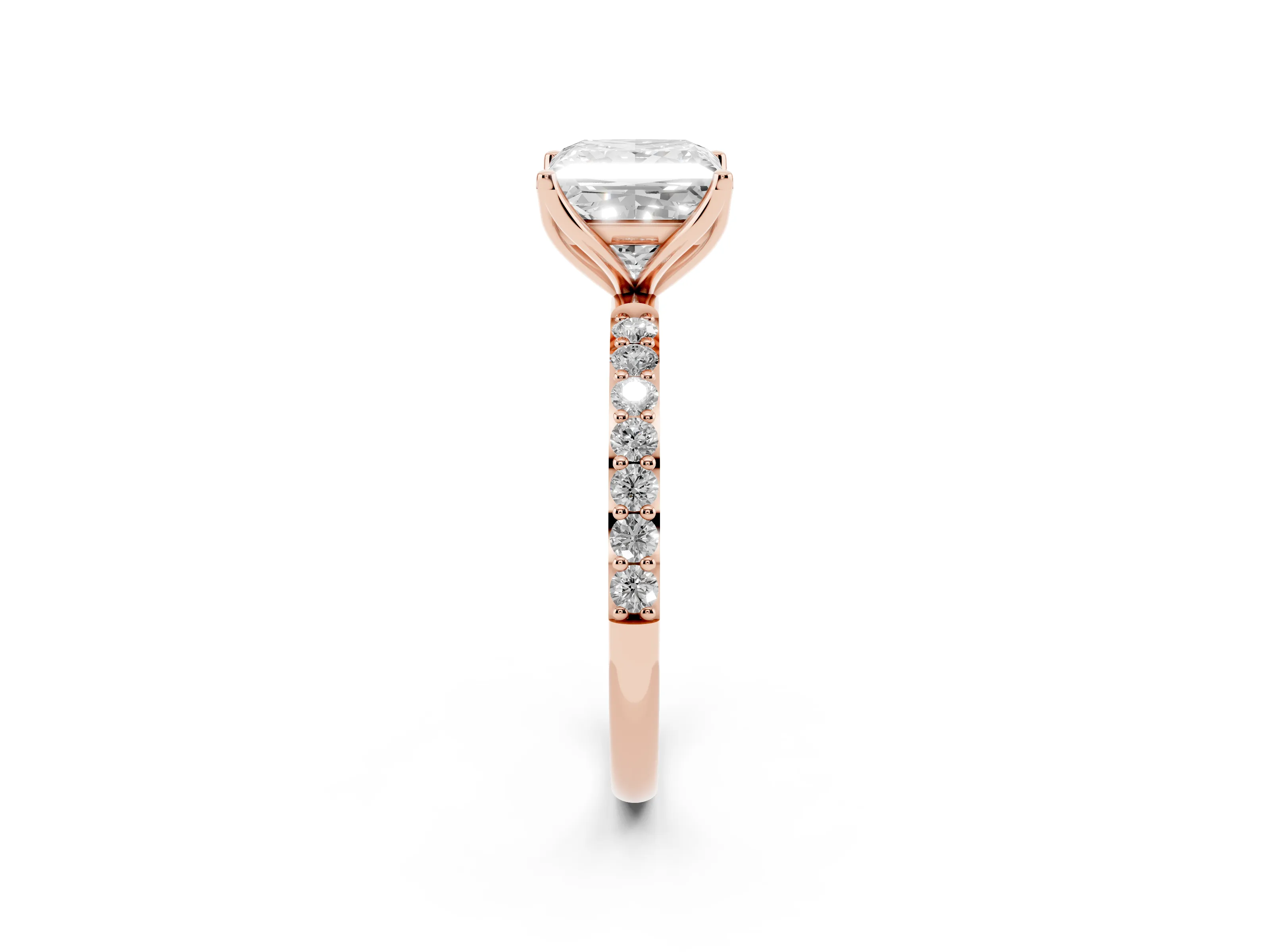 Princess Cut Diamond Solitaire Engagement Ring Set in Rose gold with Round Pavé Band and Prong Setting