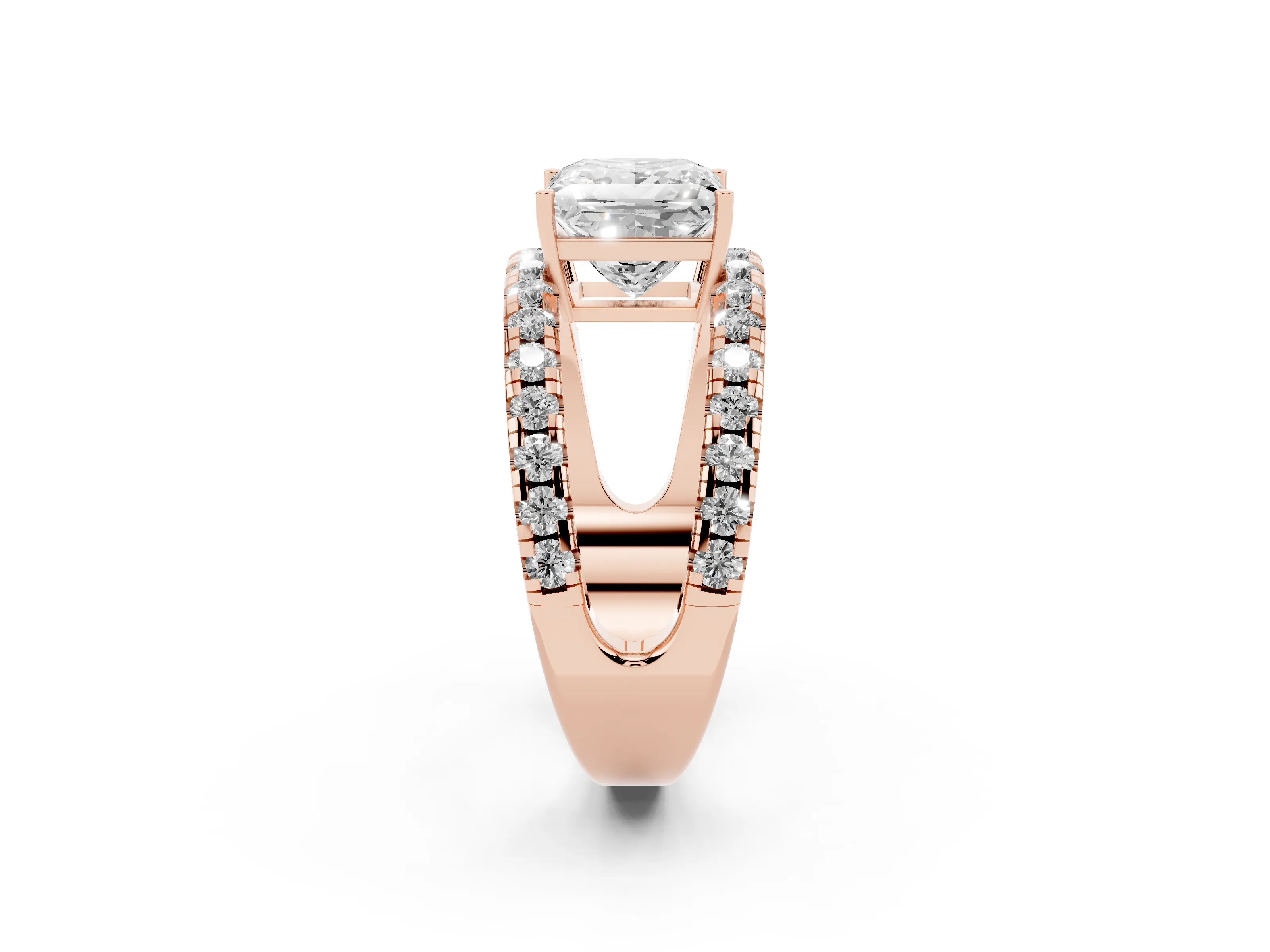 Princess Cut Diamond Split Shank Pavé Solitaire Ring Set in Rose gold with Open Shank Design