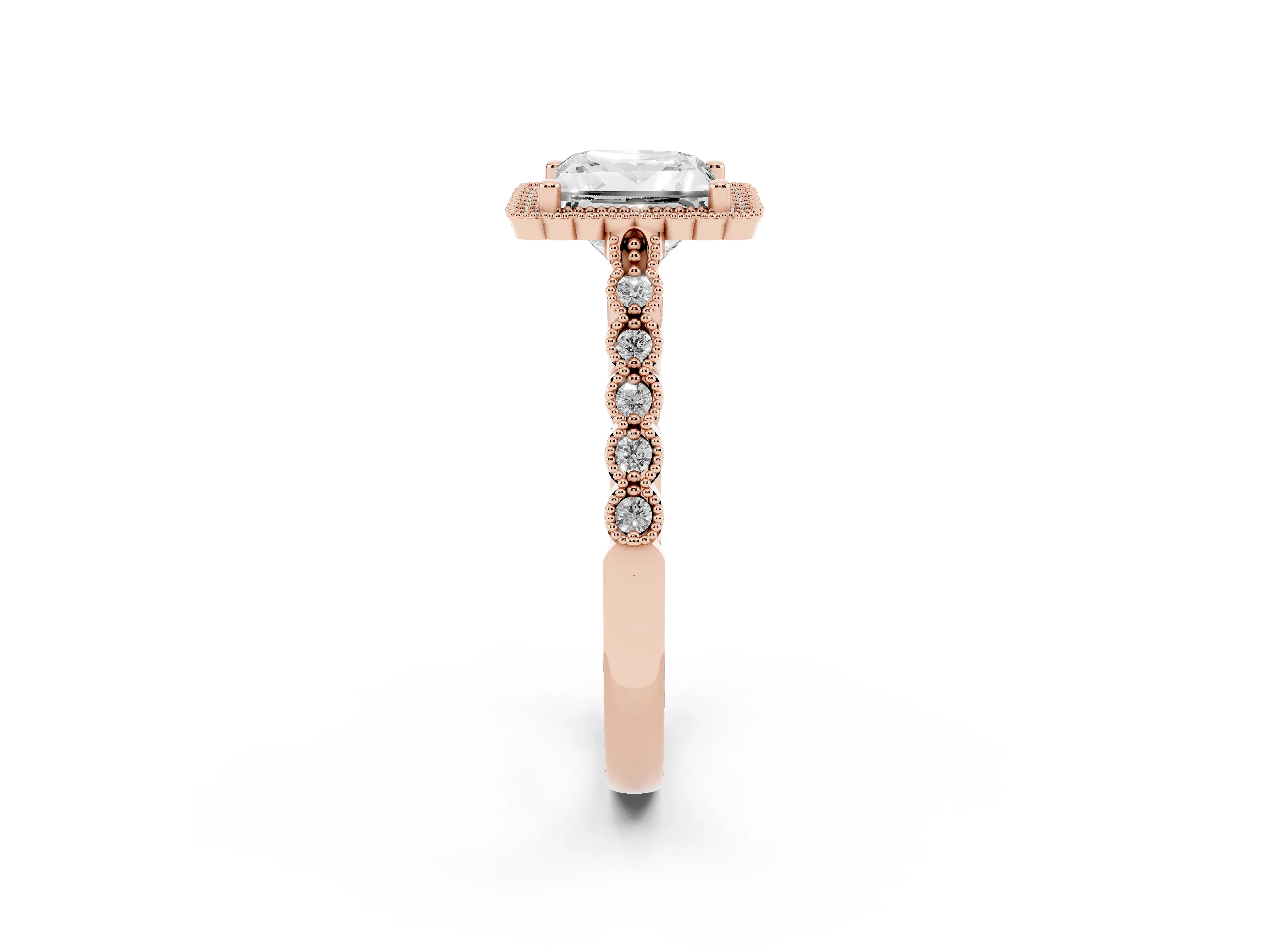 Princess Cut Diamond Halo Ring Set in Rose gold with Pavé Milgrain Band