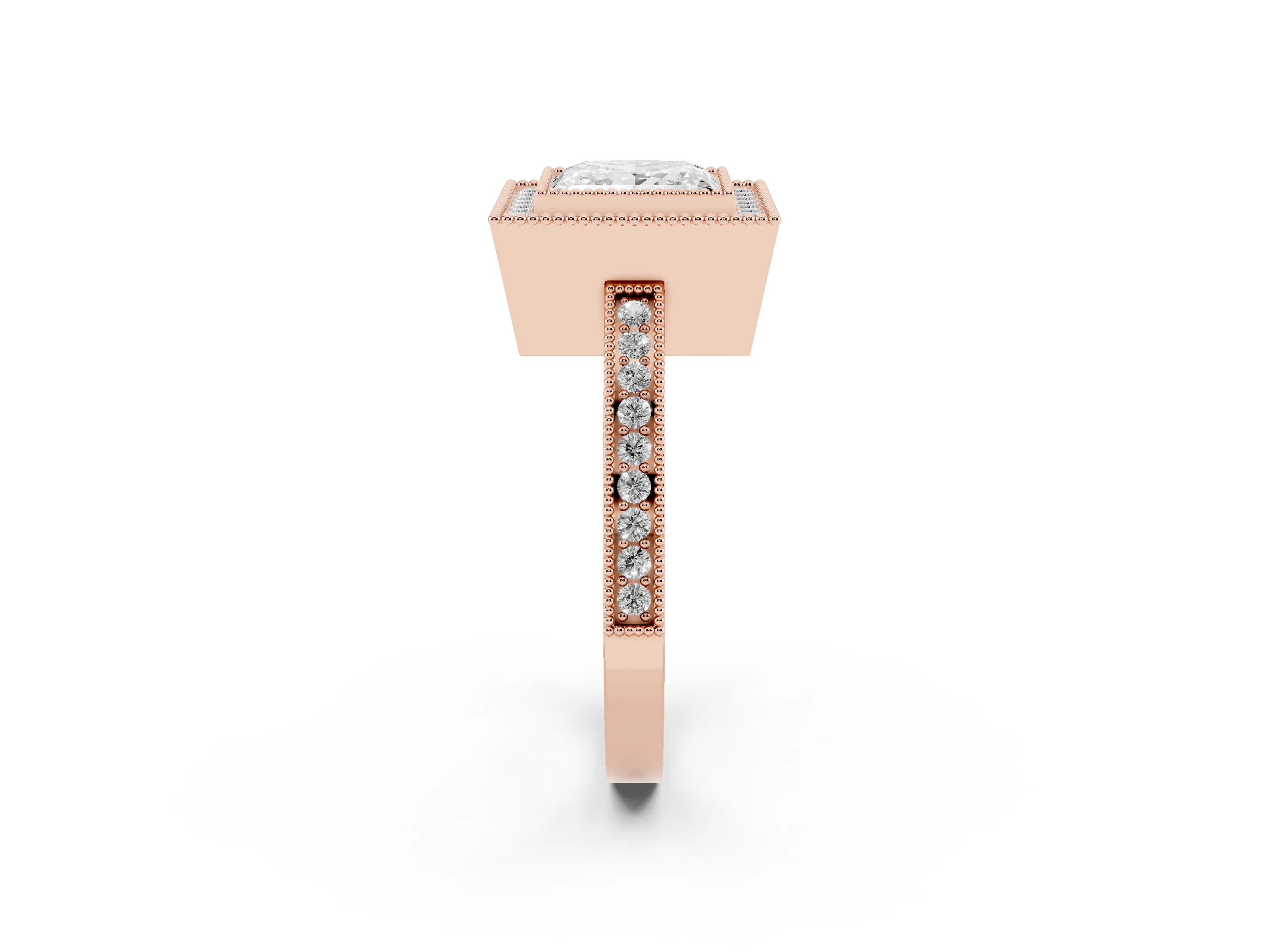 Princess Cut Diamond Halo Ring Set in Rose gold with Pavé Band and Milgrain-Edged Prongs