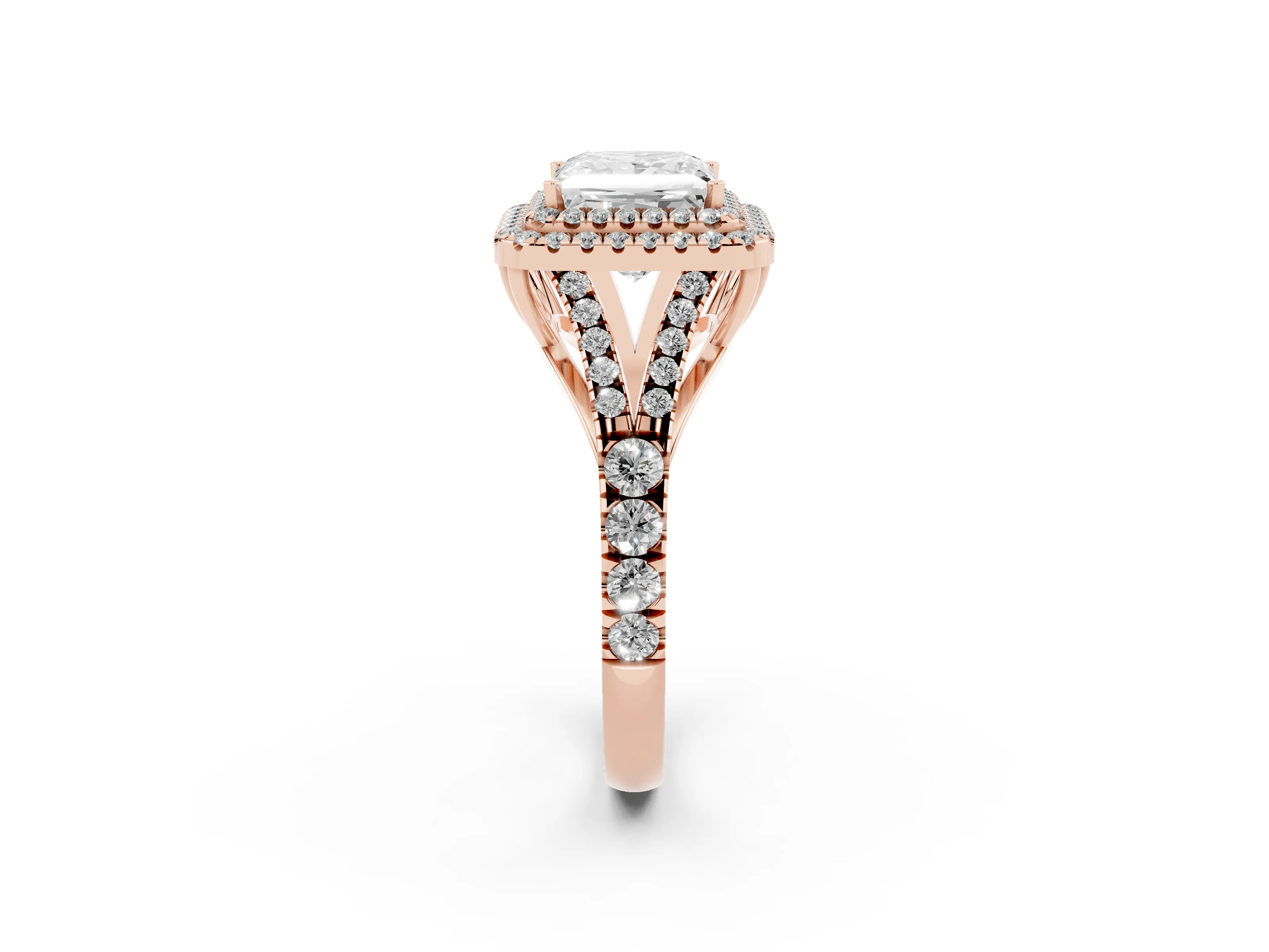Princess Cut Diamond Pavé Split Shank Double Halo Engagement Ring Set in Rose gold