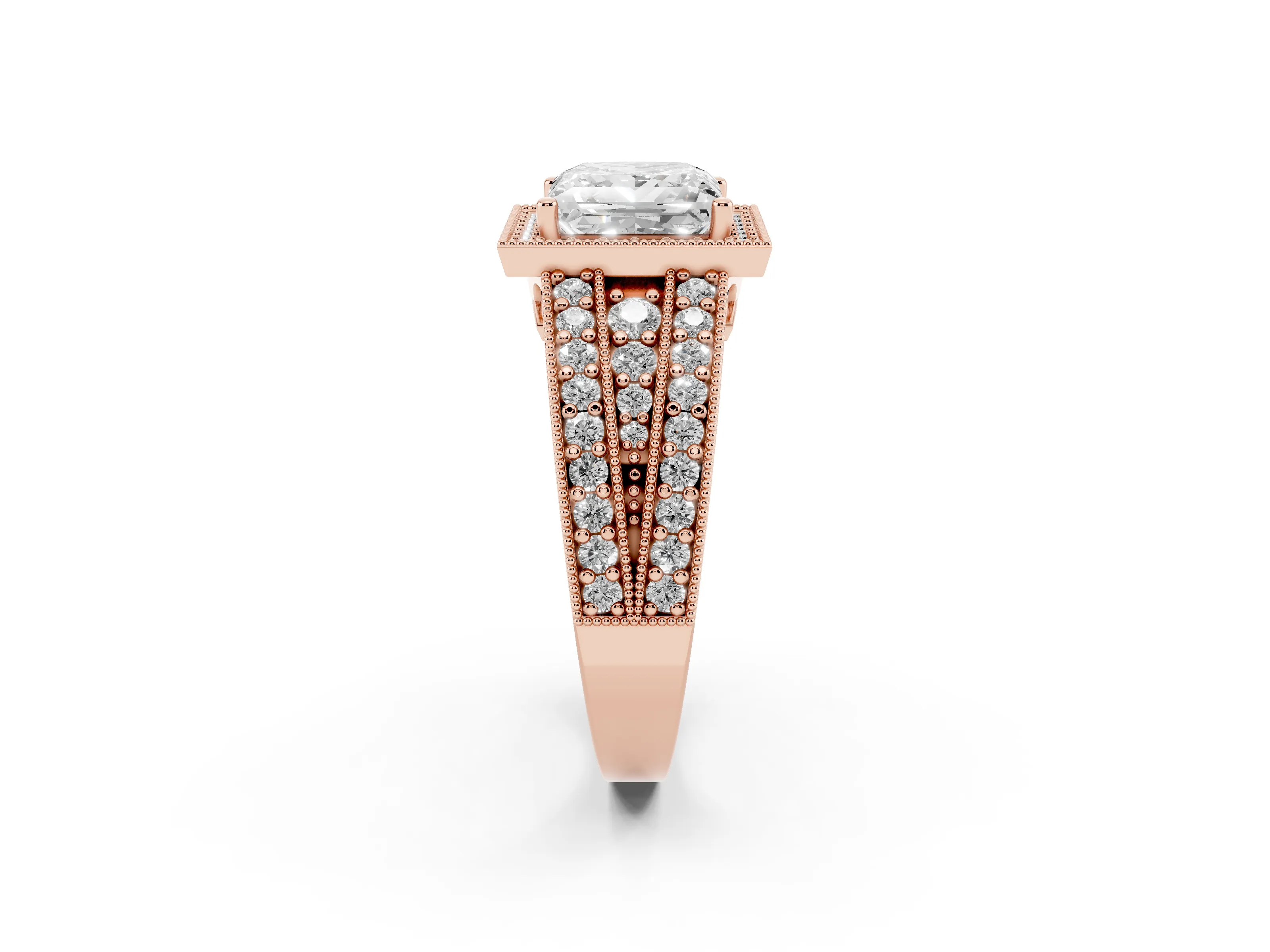 Princess Cut Diamond Halo Ring Set in Rose gold with Accent Split Shank and Prong Setting