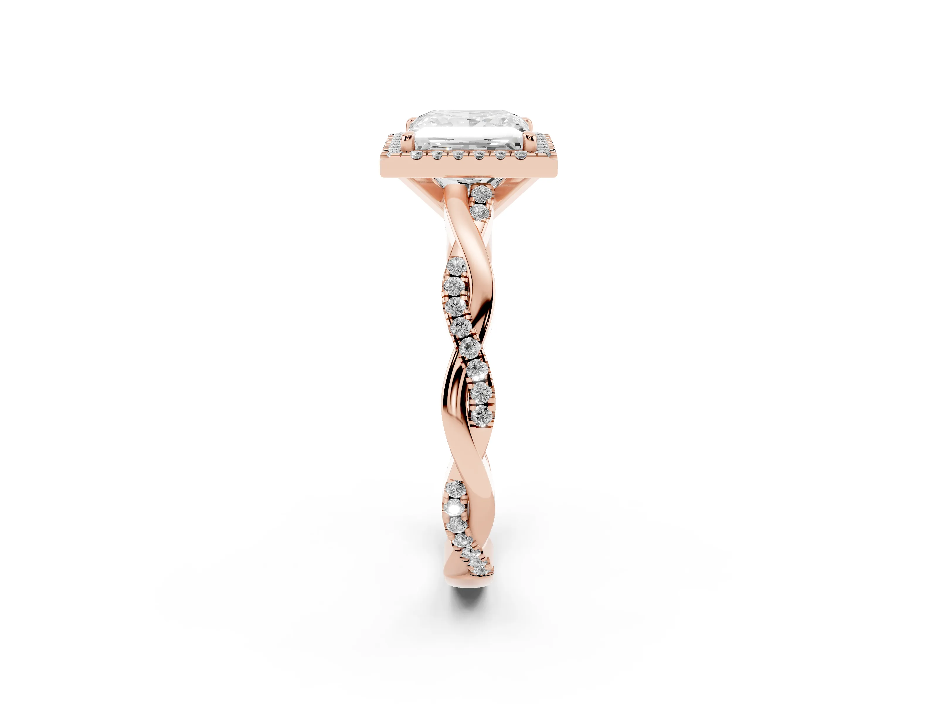 Princess Cut Diamond Halo Twisted Band Ring Set in Rose gold with Prong Setting