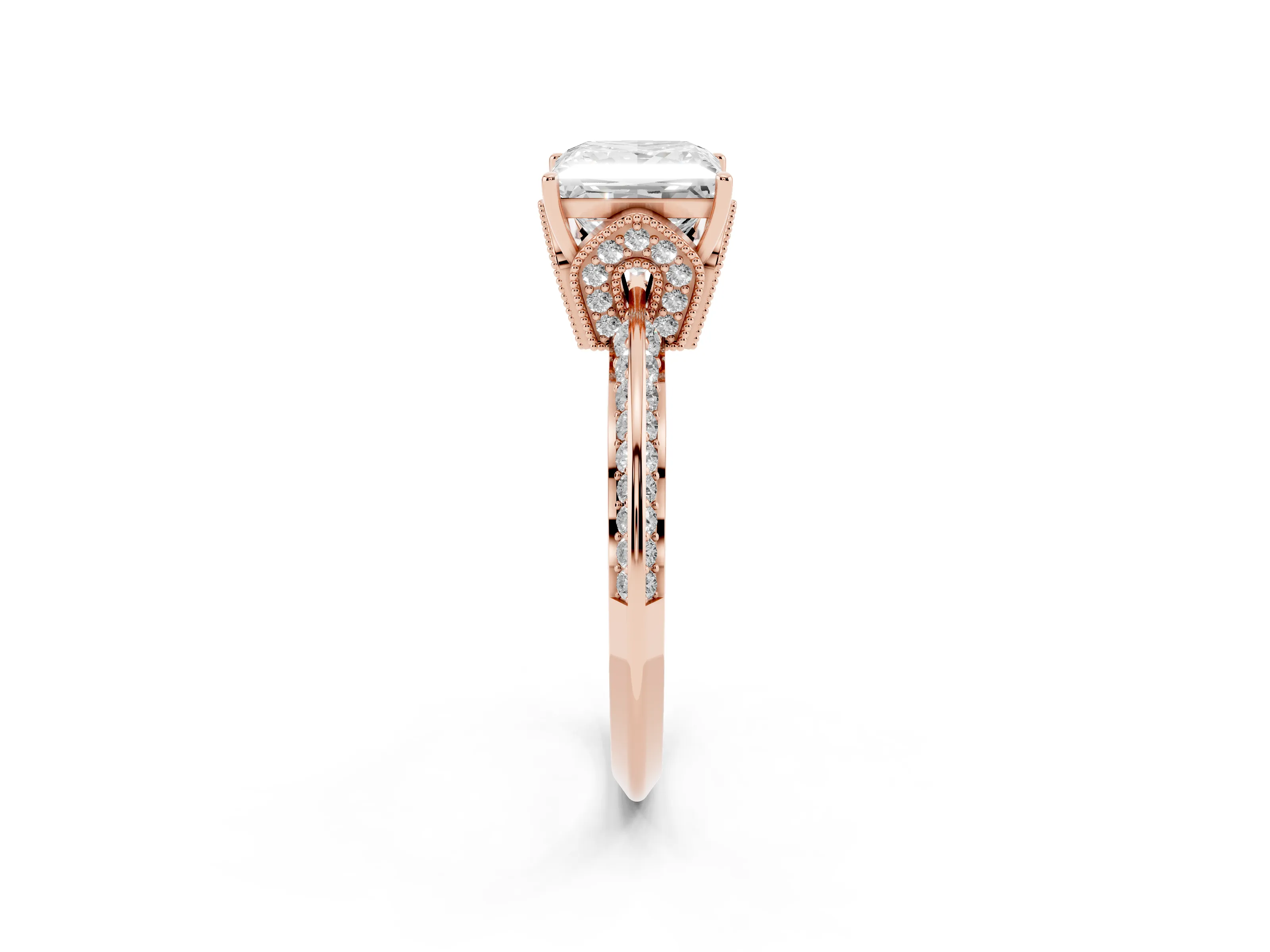 Princess Cut Diamond Solitaire Engagement Ring Set in Rose gold with Pavé Split Shank and Prong Setting
