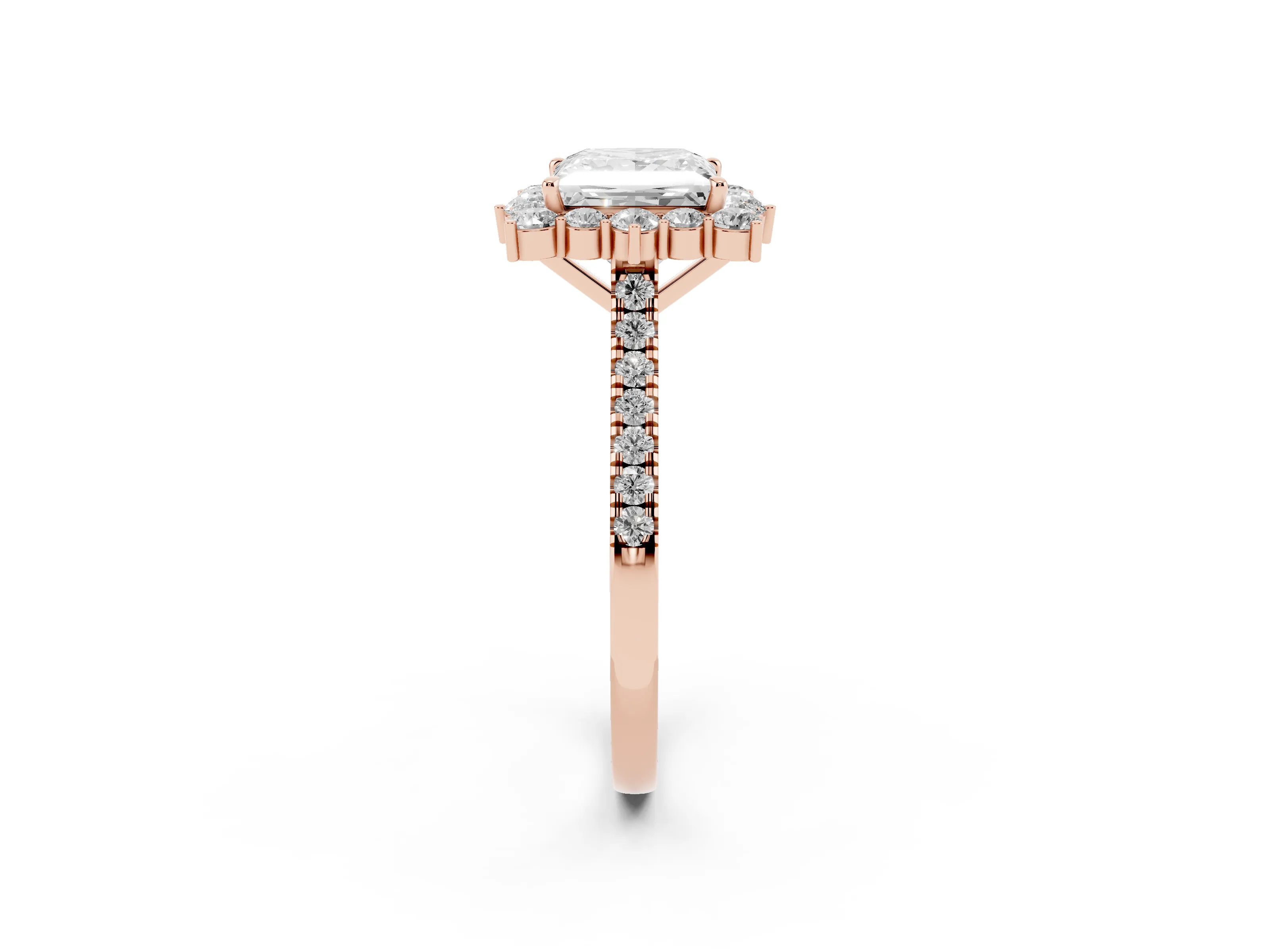 Princess Cut Diamond Halo Ring Set in Rose gold with Pavé Band and Prong Setting
