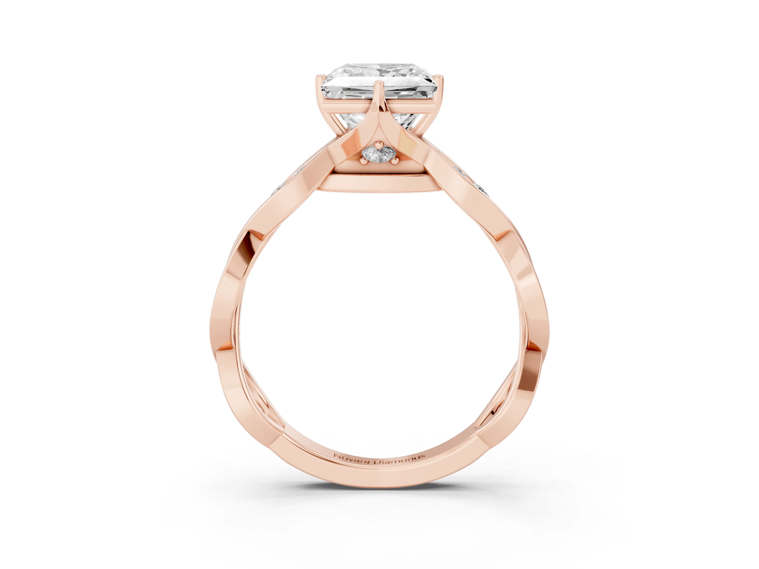 Princess Cut Diamond Twist Band Solitaire Ring Set in Rose gold with Leaf Prong Setting and Accent Stones