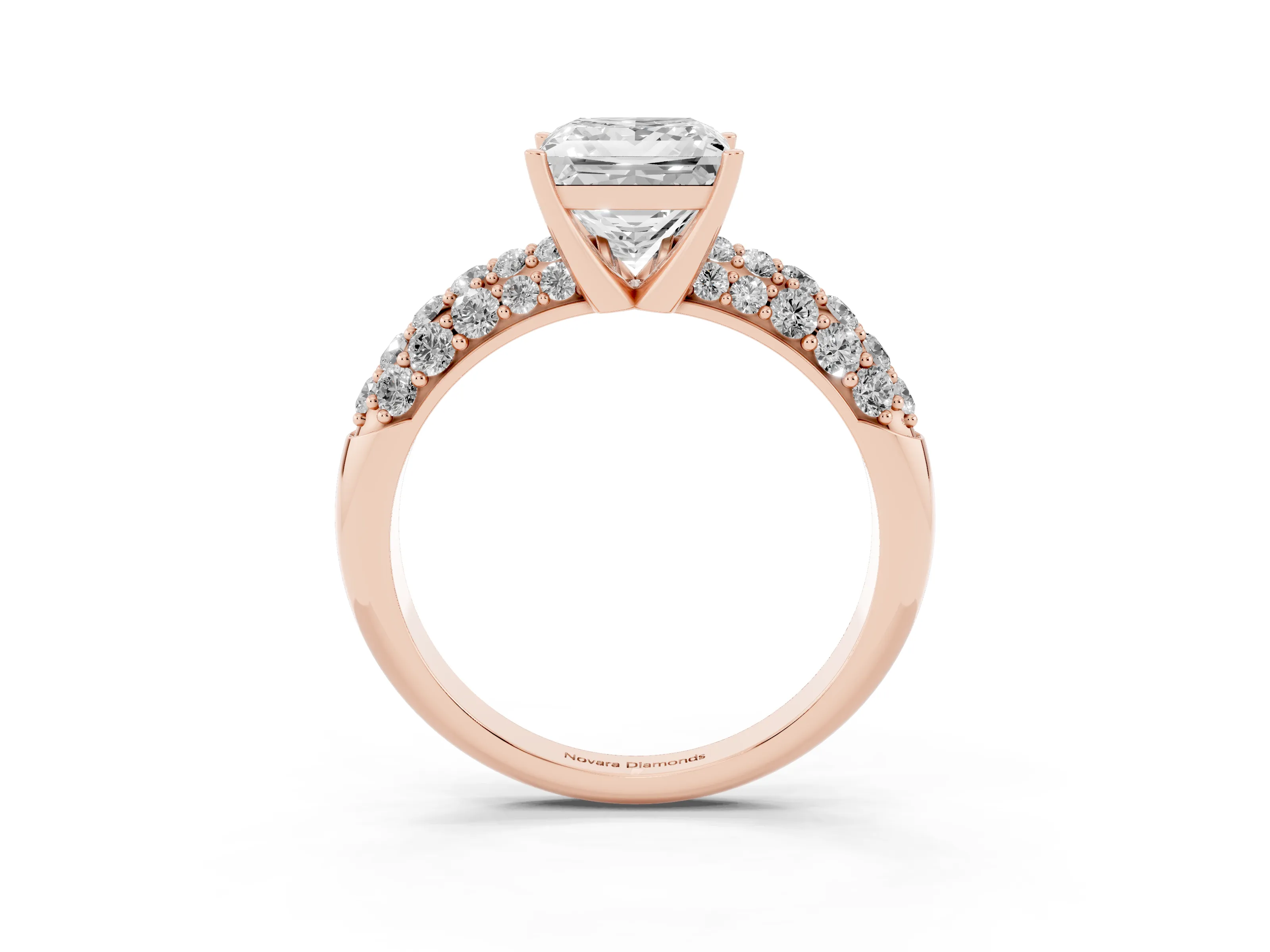 Princess Cut Diamond Pavé Band Solitaire Ring Set in Rose gold with Close-Set Accent Stones and Prong Setting