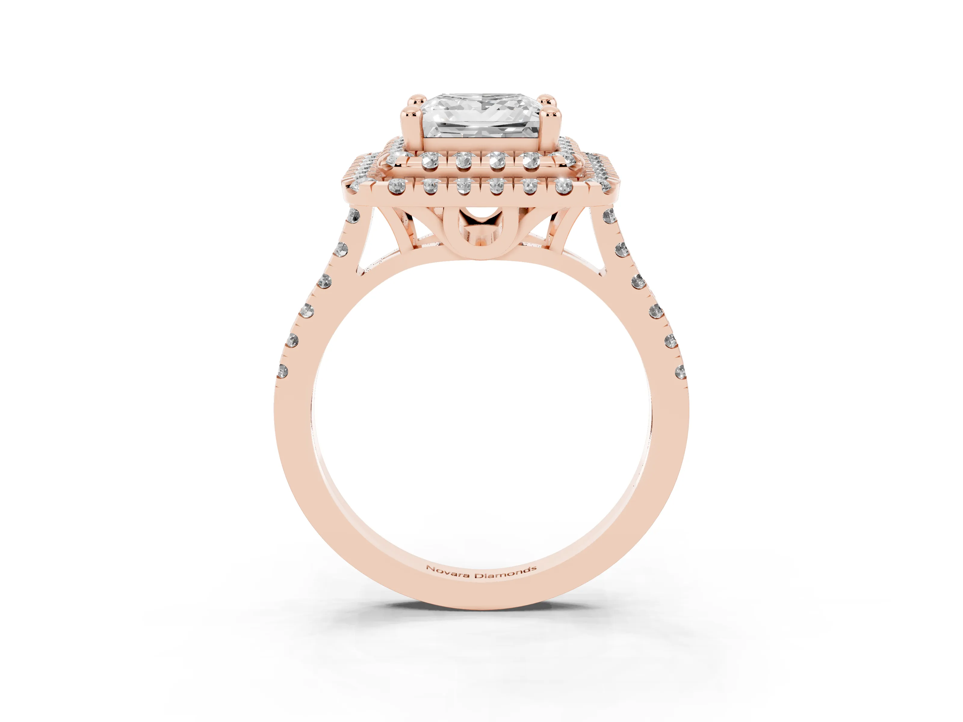 Princess Cut Diamond Double Halo Statement Ring Set in Rose gold with Pavé Band