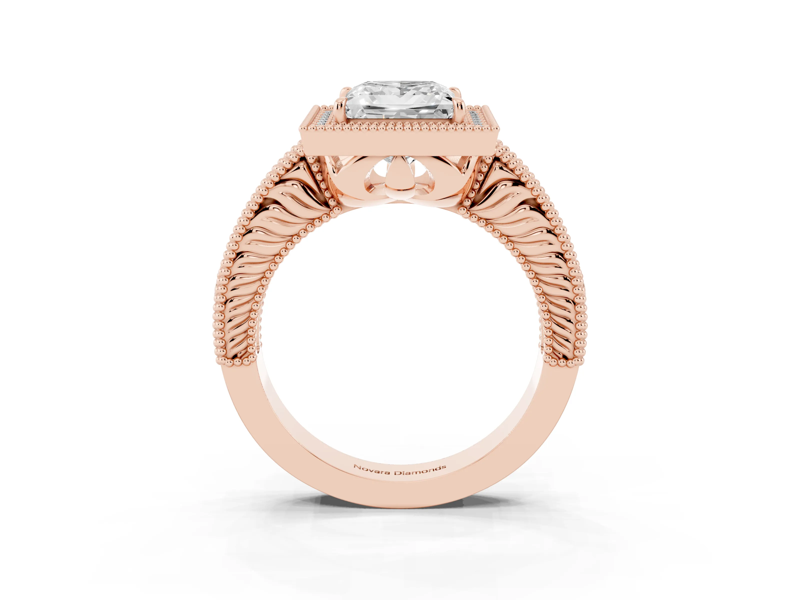 Princess Cut Diamond Halo Ring Set in Rose gold with Round Accent Halo, Pavé Band and Prong Setting