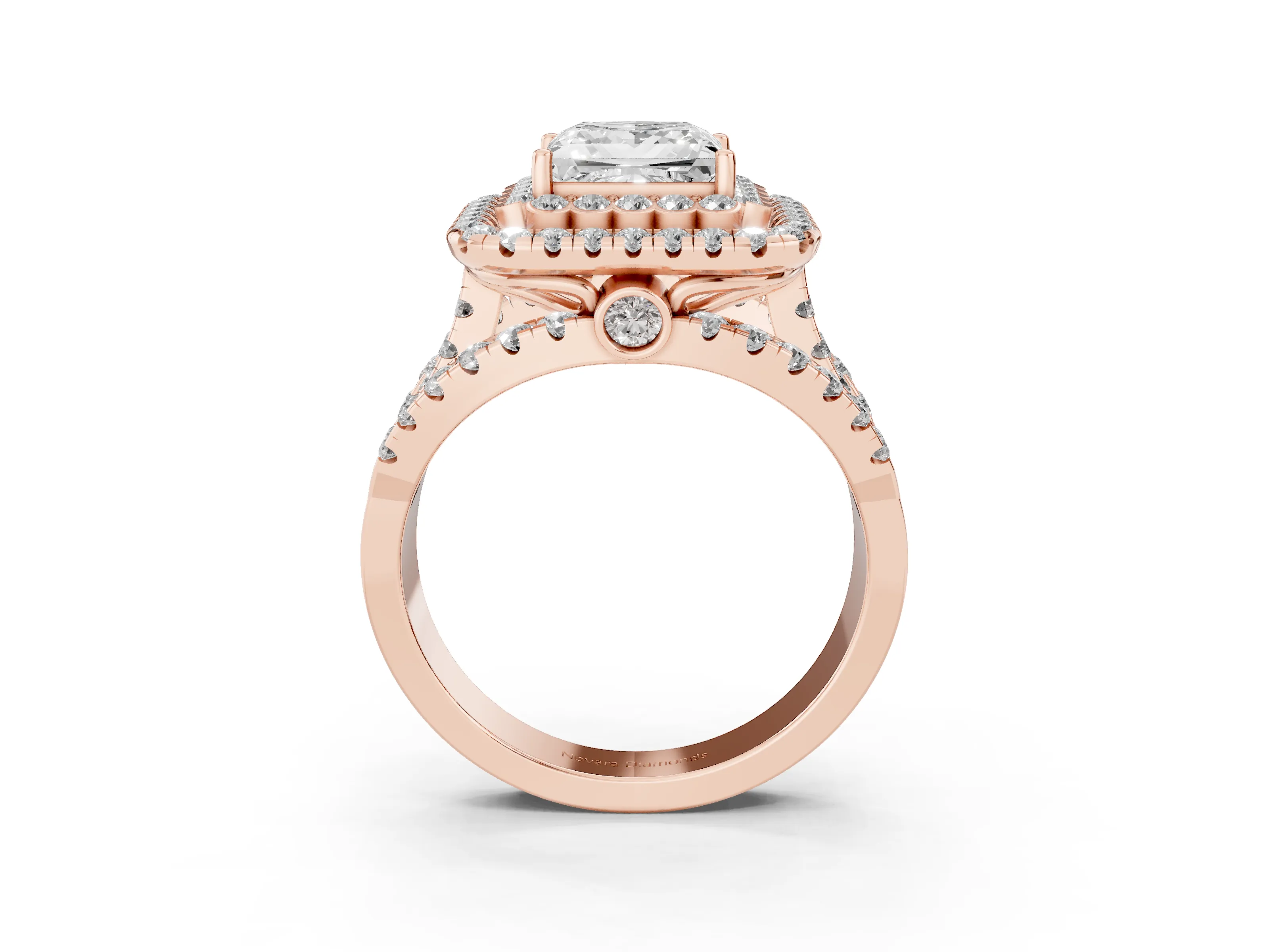Princess Cut Diamond Double Halo Ring Set in Rose gold with Round Pavé Split Shank