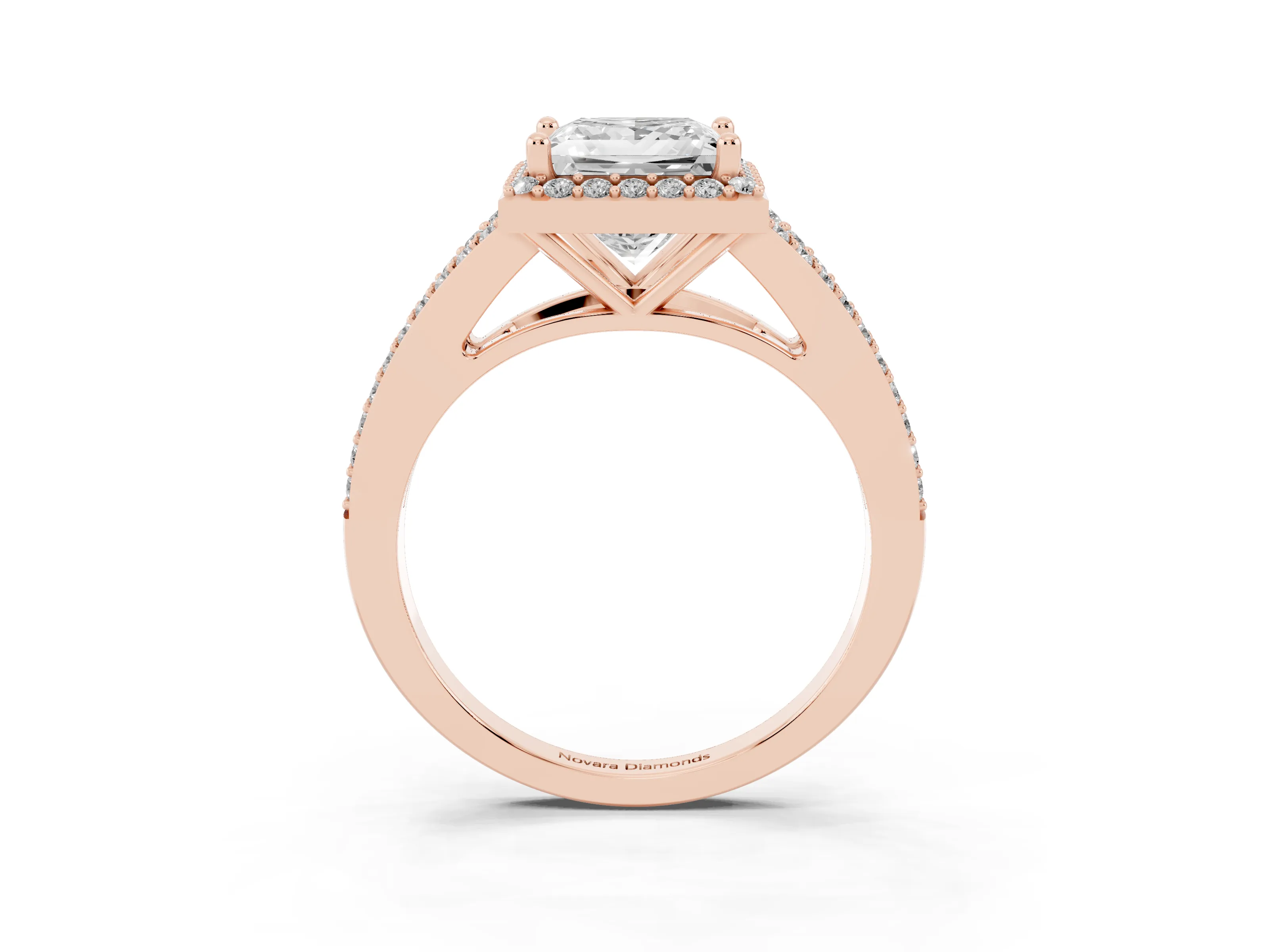 Princess Cut Diamond Halo Split Shank Pavé Ring Set in Rose gold with Prong Setting