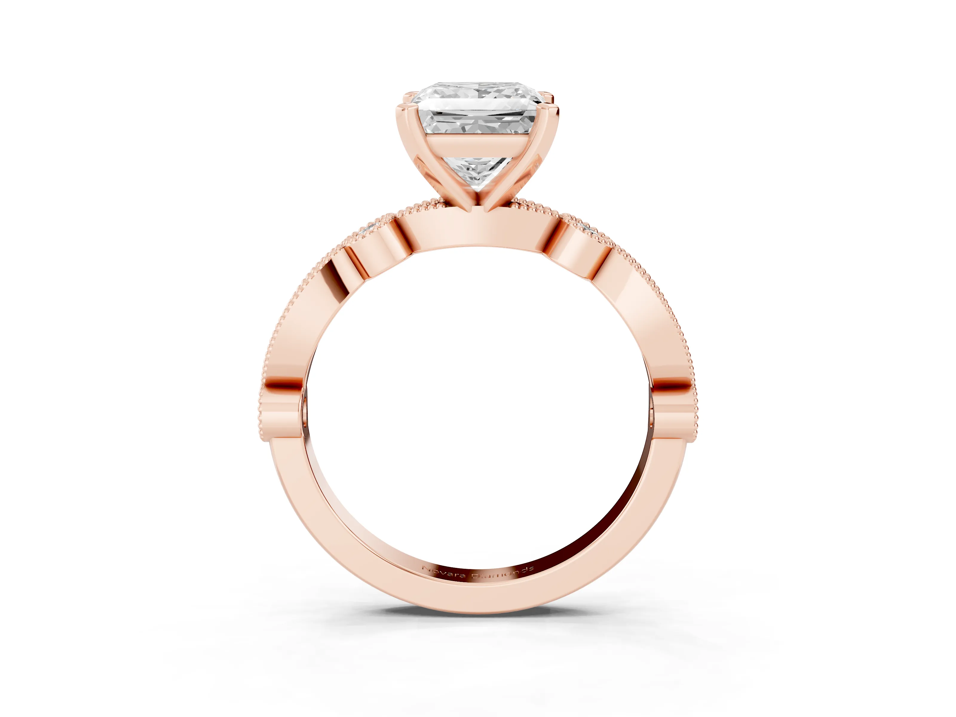 Princess Cut Diamond Solitaire Engagement Ring Set in Rose gold with Milgrain Bezel Accent Band