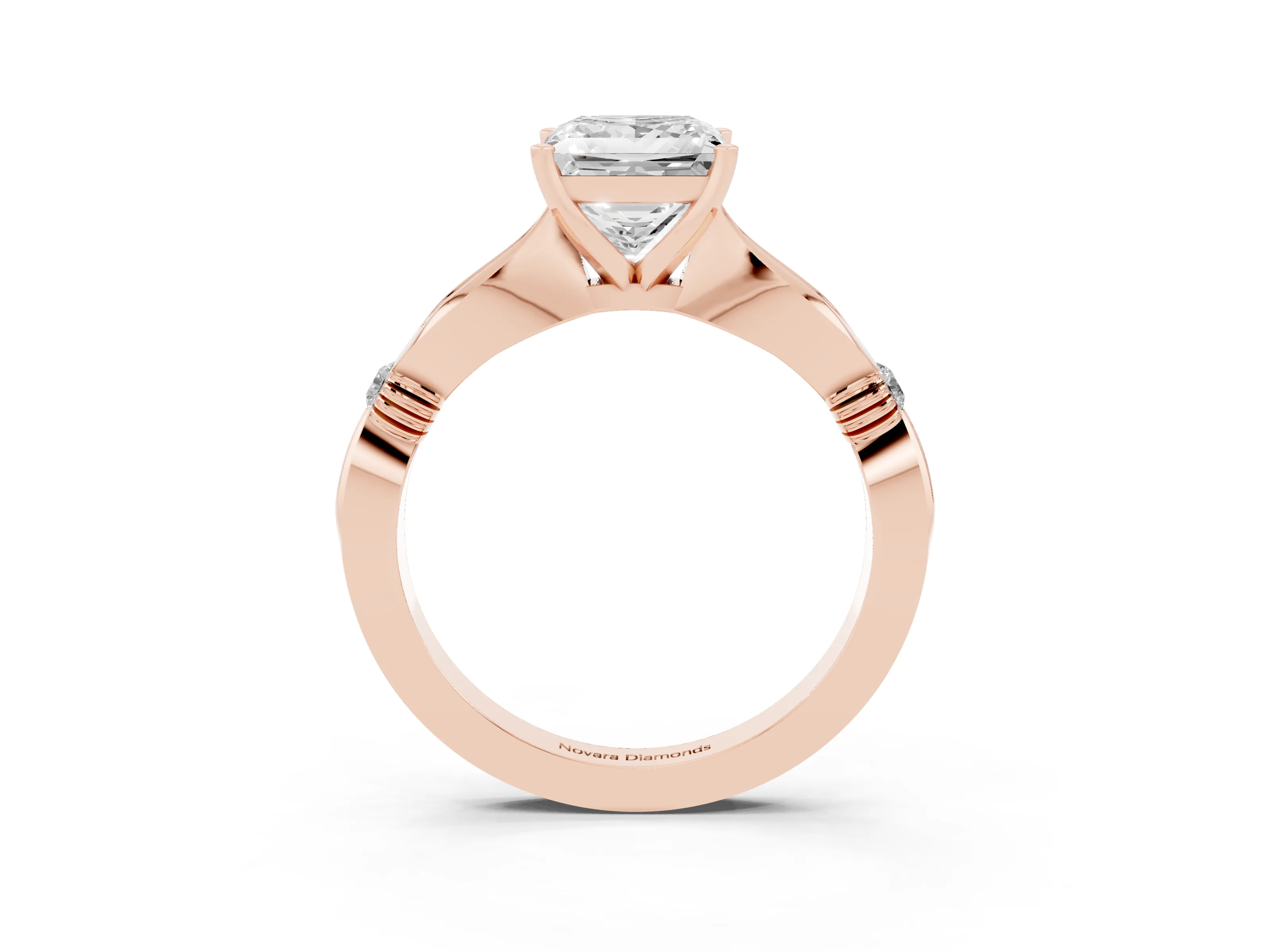 Princess Cut Diamond Solitaire Twisted Band Ring Set in Rose gold with Accent Stones and Prong Setting