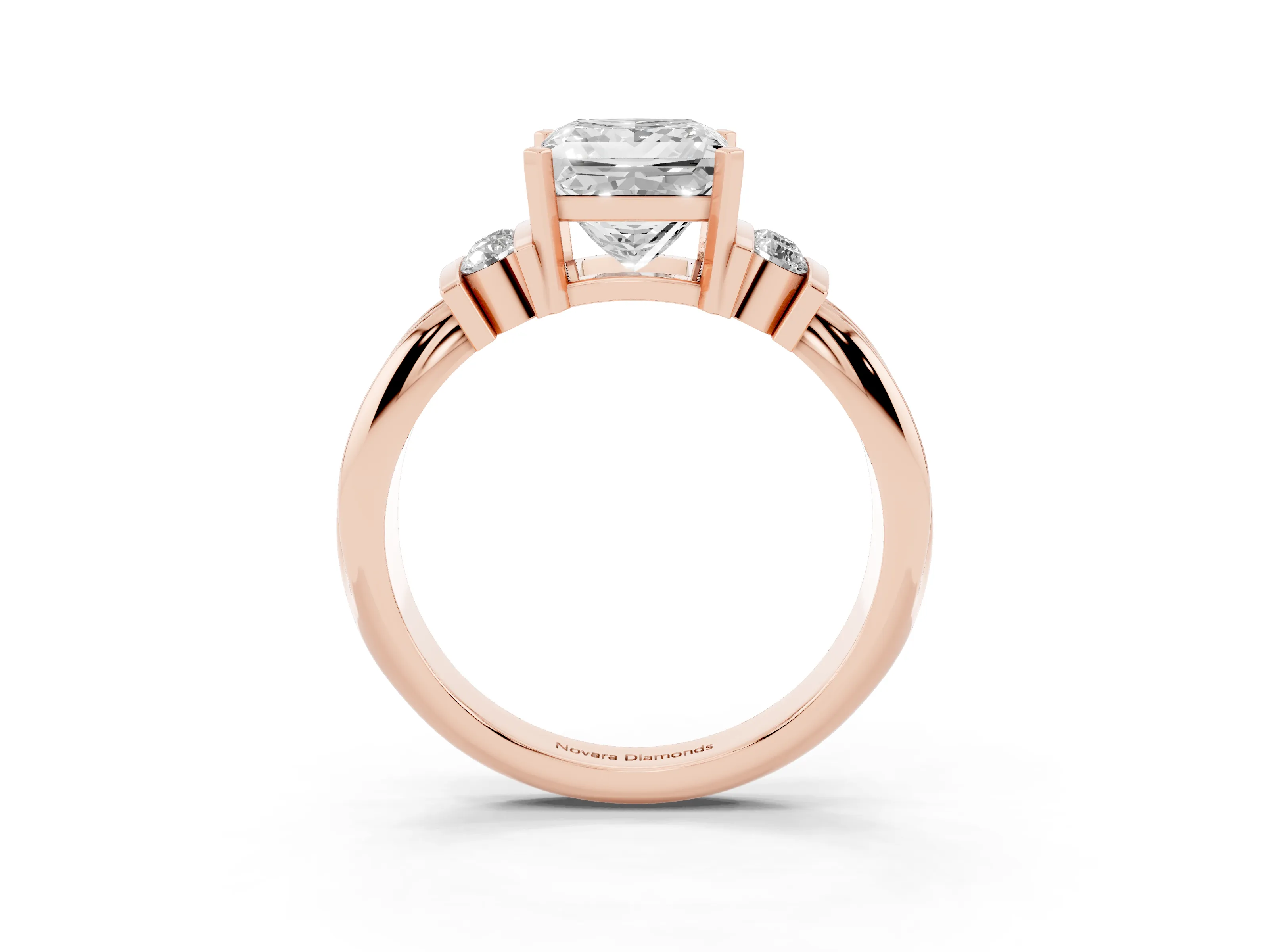 Three-Stone Princess Cut Diamond Channel Set Ring Set in Rose gold with Bar Prongs