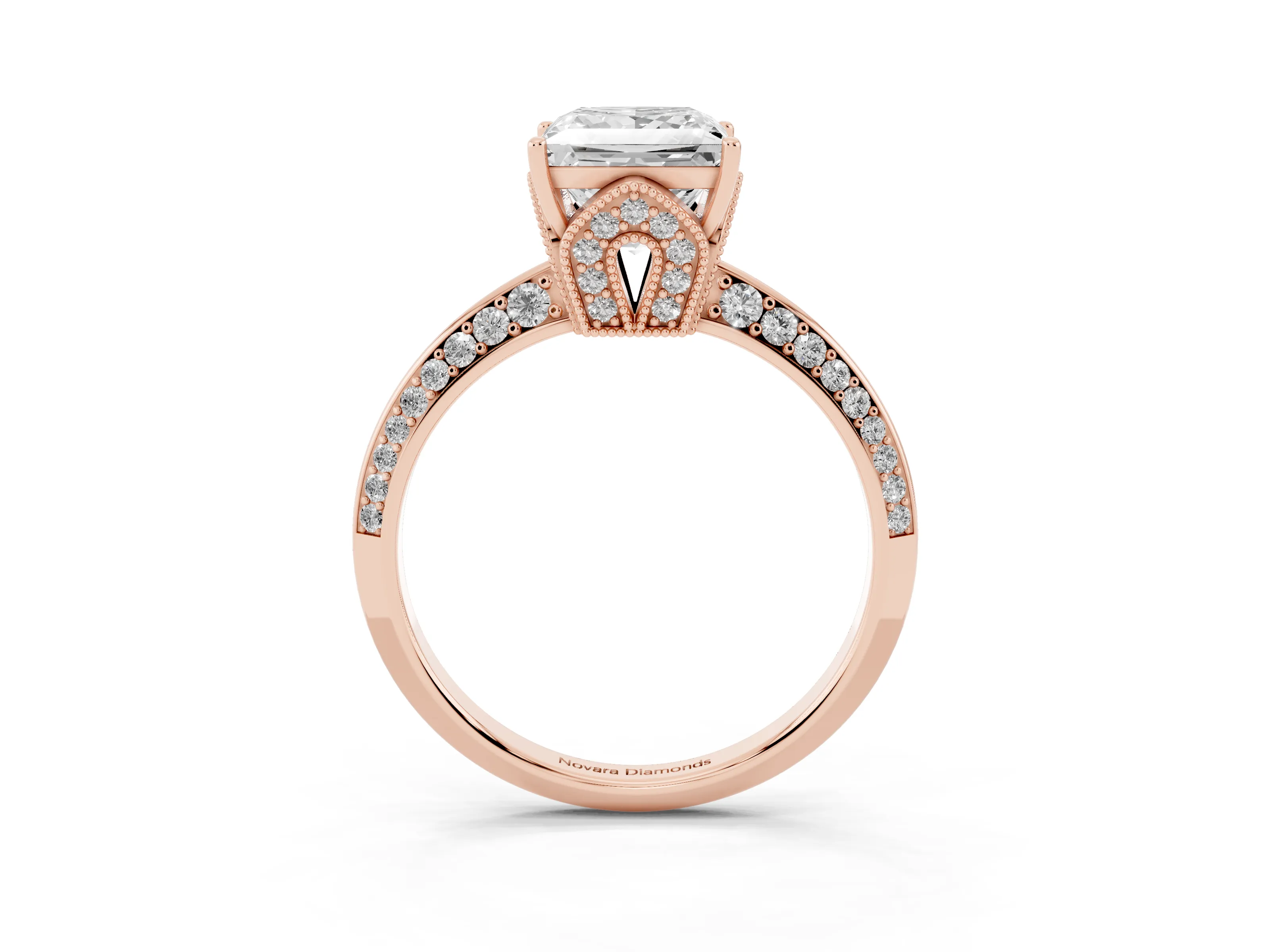 Princess Cut Diamond Solitaire Engagement Ring Set in Rose gold with Pavé Split Shank and Prong Setting