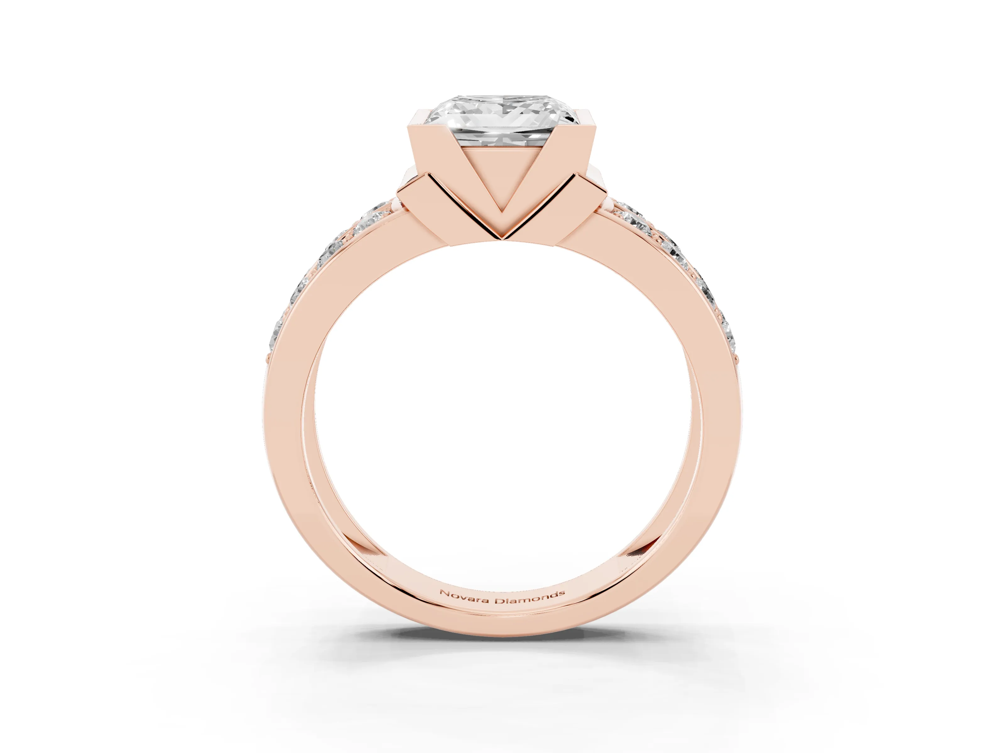 Princess Cut Diamond Wide Channel Set Band Ring Set in Rose gold with Bezel Setting