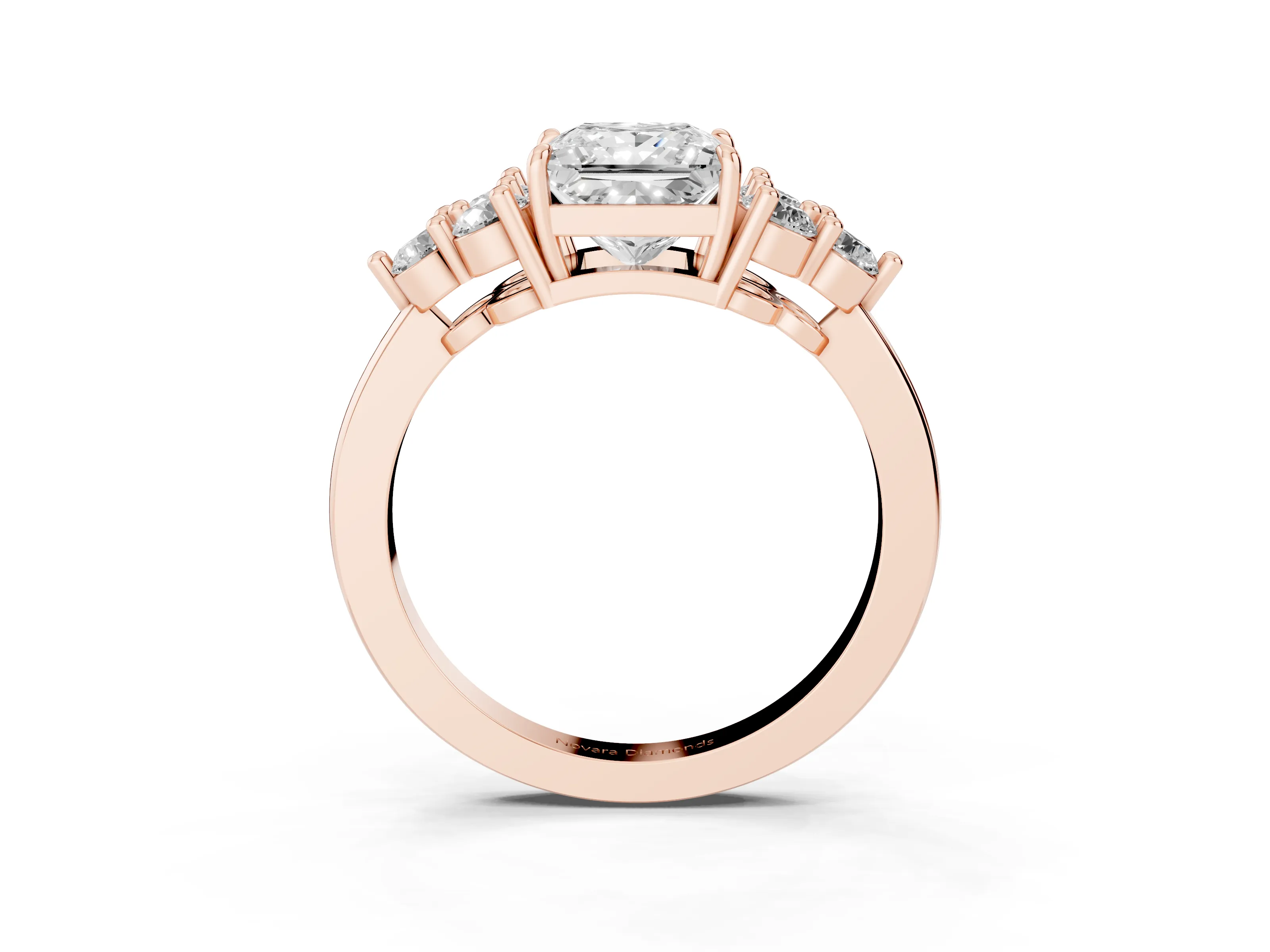 Princess Cut Diamond Solitaire Ring Set in Rose gold with Cluster Accents on Each Side