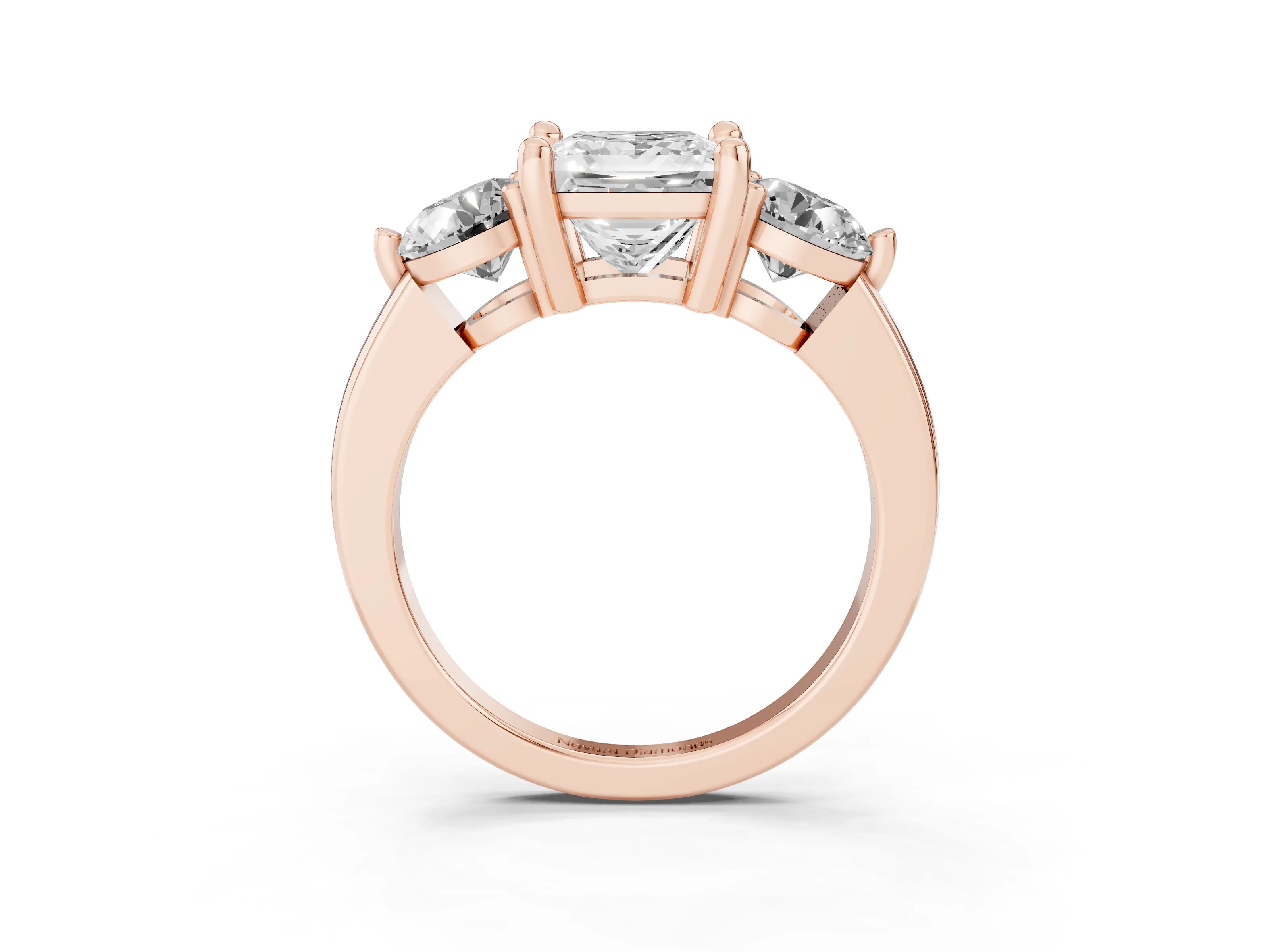 Princess Cut Diamond Three-Stone Ring Set in Rose gold with Prong Setting and Classic Band