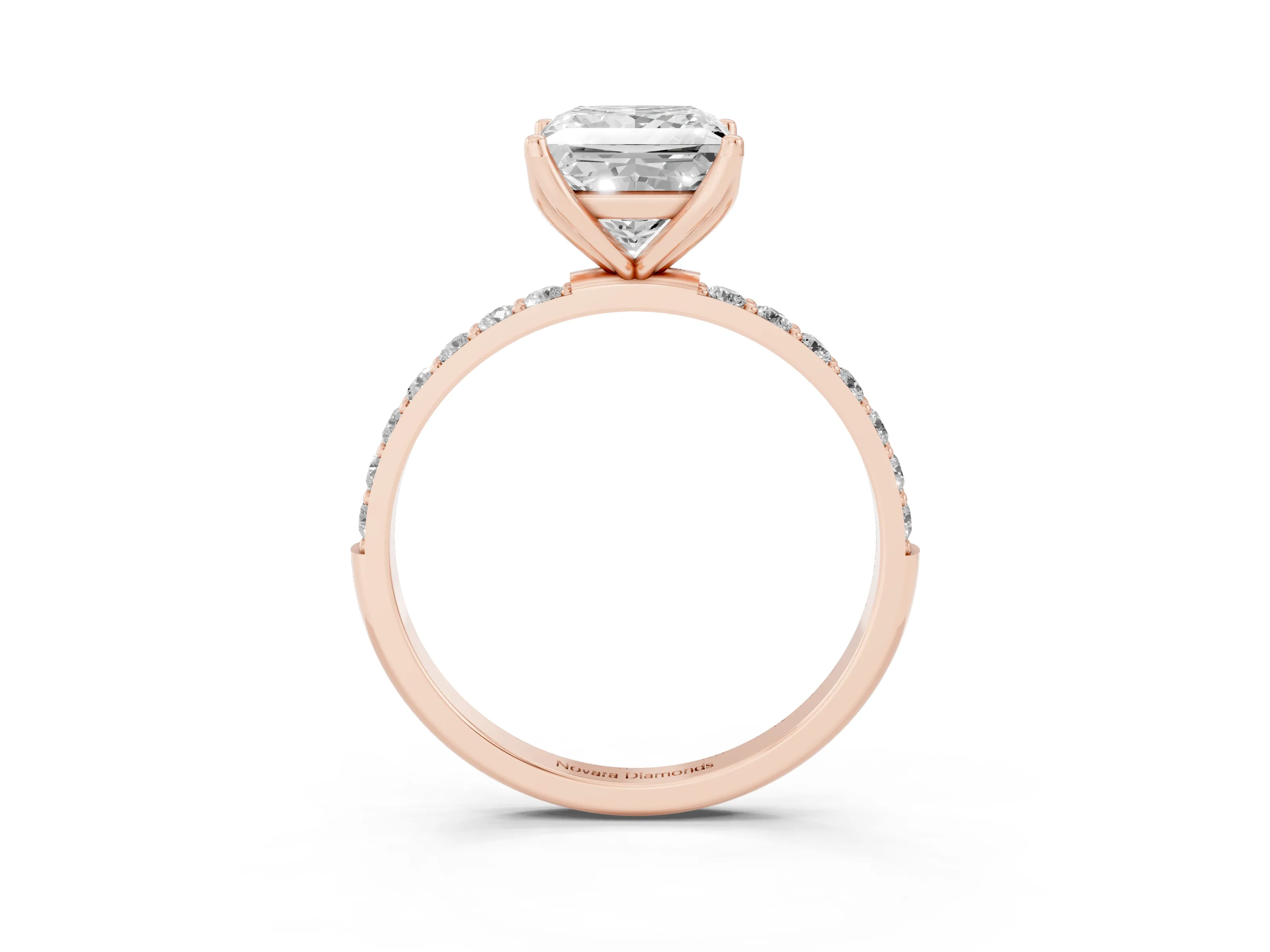 Princess Cut Diamond Solitaire Engagement Ring Set in Rose gold with Round Pavé Band and Prong Setting