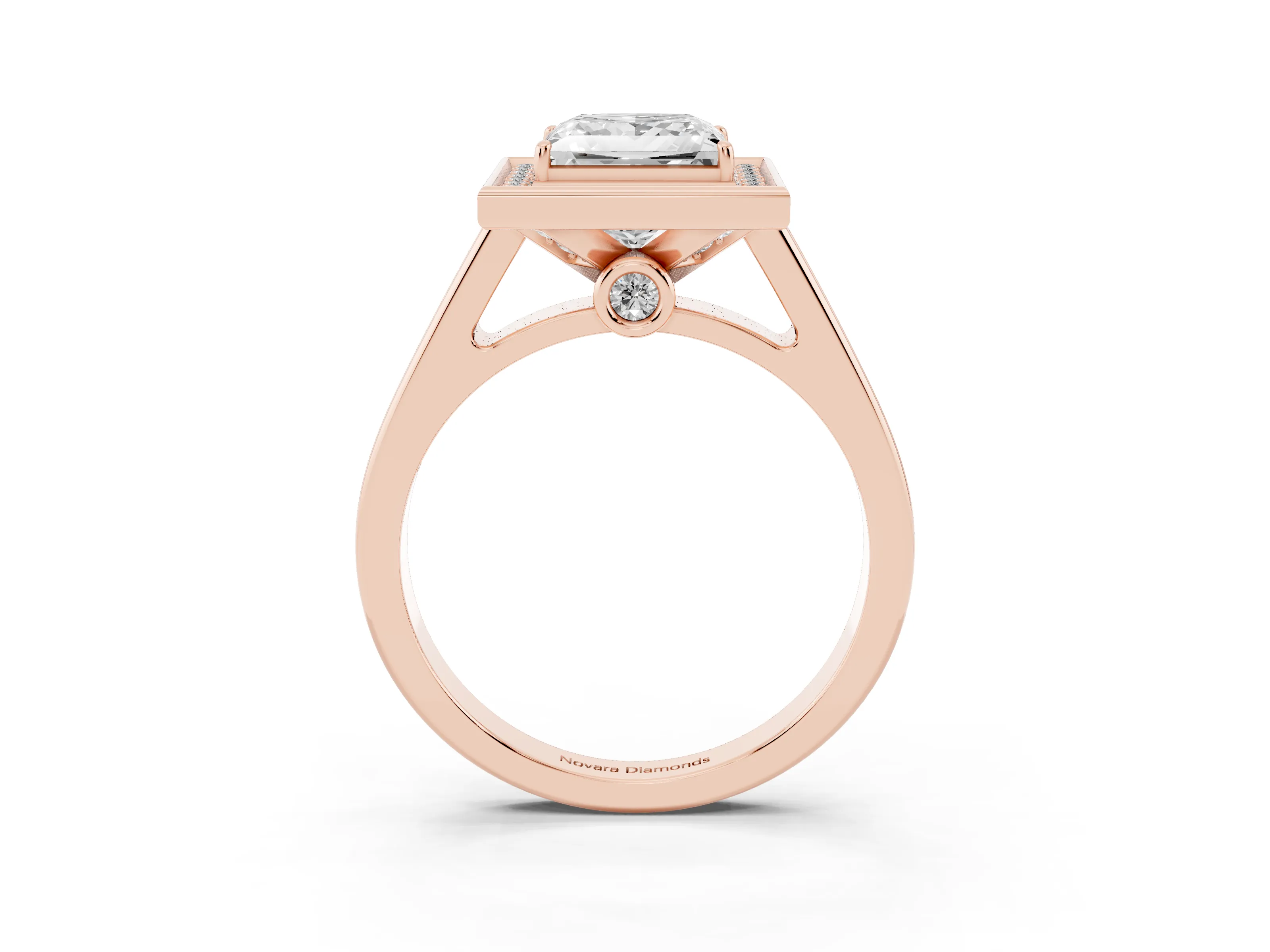Princess Cut Diamond Halo Solitaire Ring Set in Rose gold with Pavé Band and Bezel Setting
