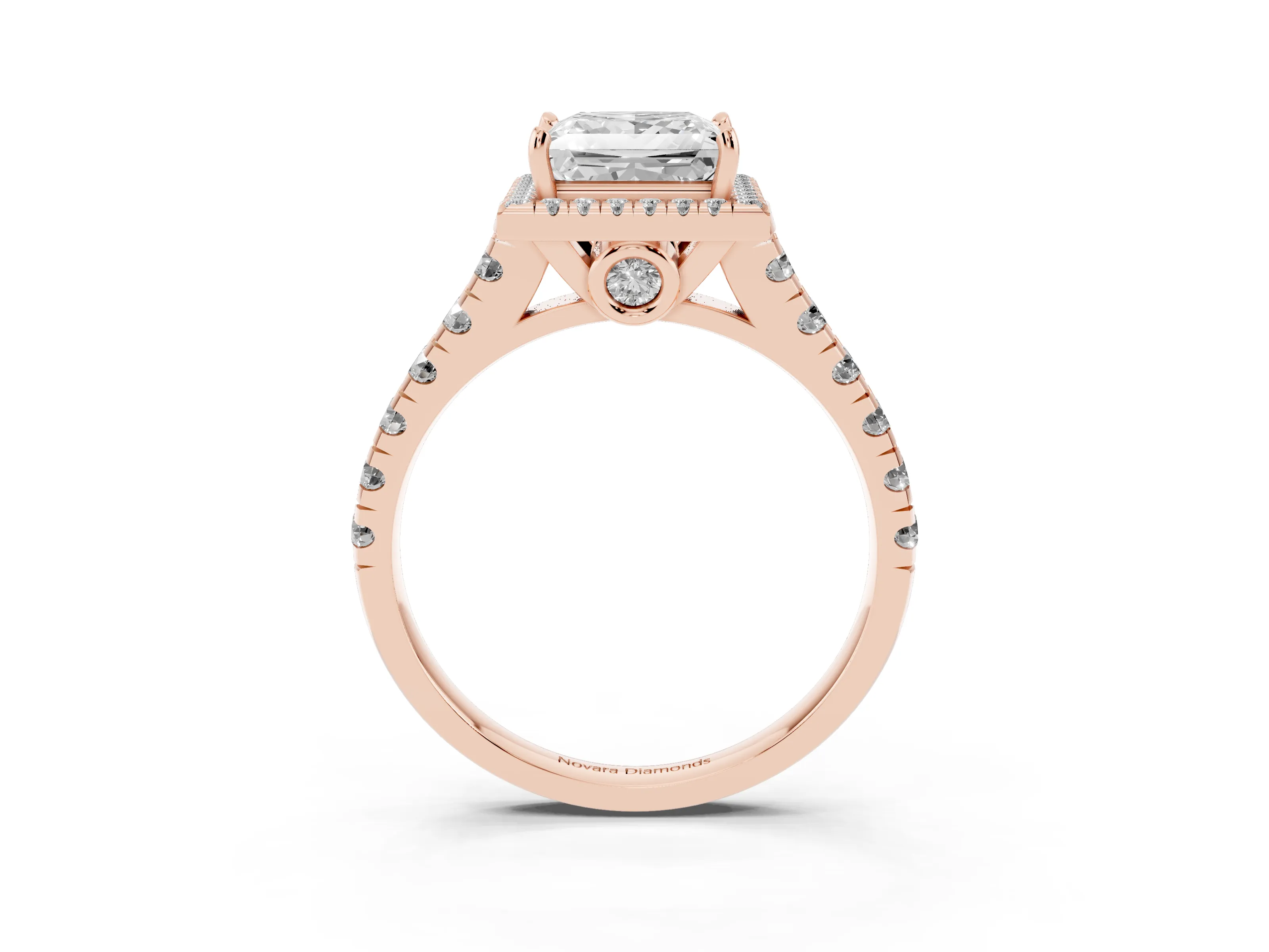 Princess Cut Diamond Halo Engagement Ring Set in Rose gold with Pavé Band and Prong-Set Center
