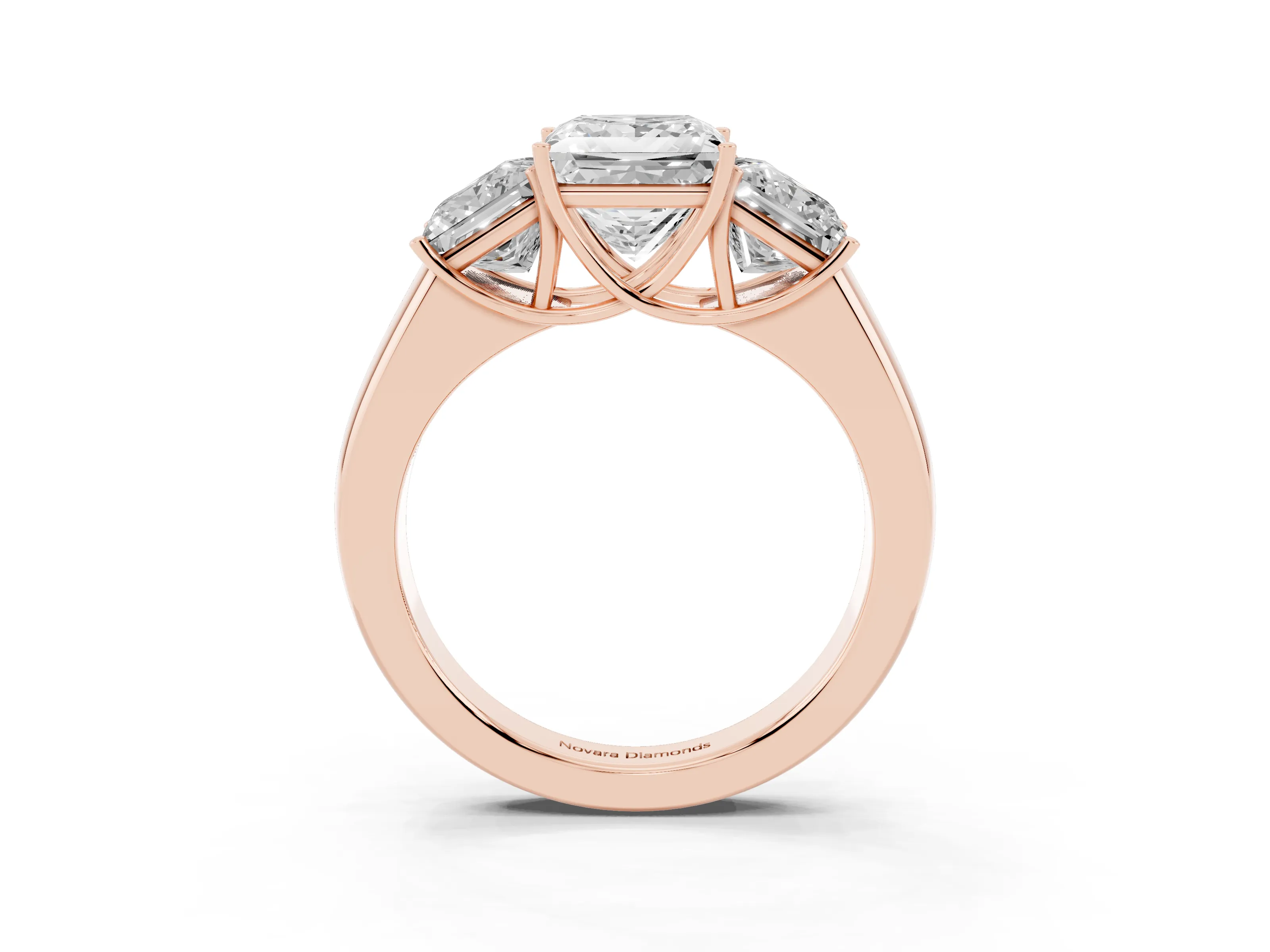 Three-Stone Princess Cut Diamond Ring Set in Rose gold with Matching Prong Settings and Plain Band