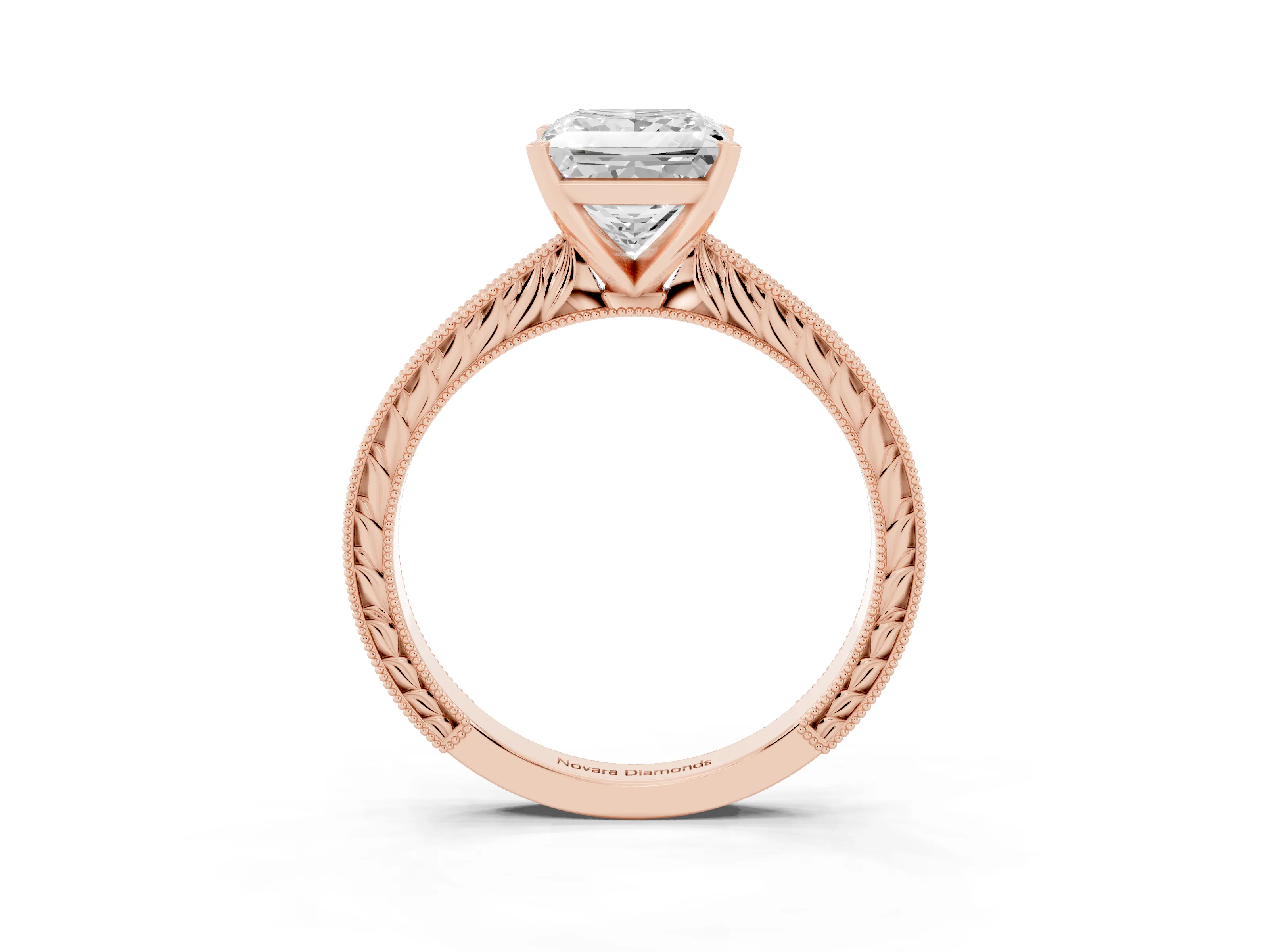 Princess Cut Diamond Solitaire Milgrain Engraved Band Set in Rose gold with Prong Setting