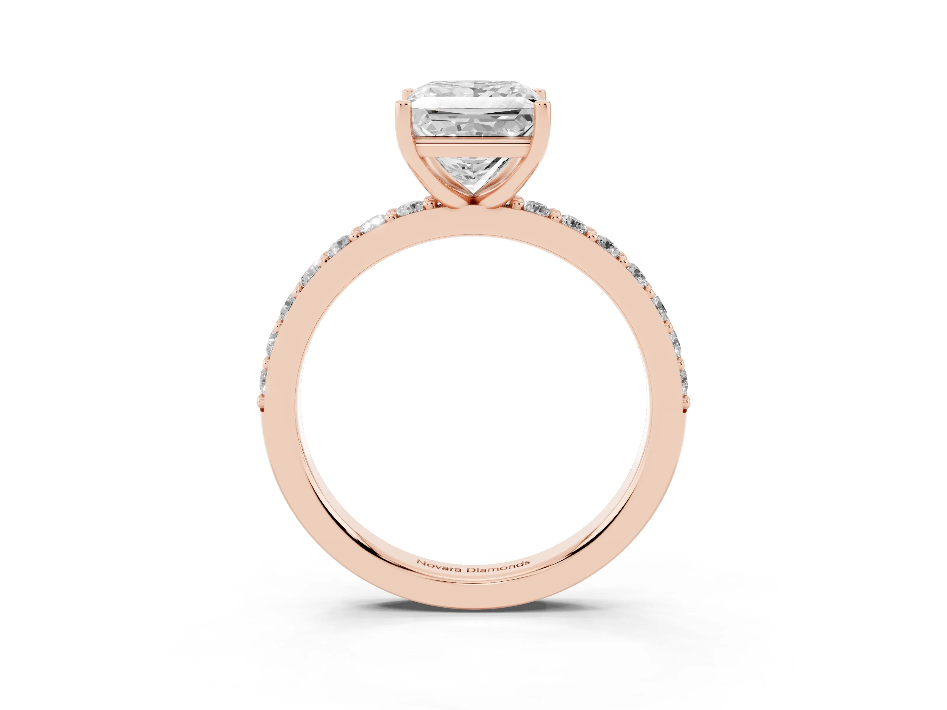 Princess Cut Diamond Solitaire Set in Rose gold with Round Pavé Band and Prong Setting