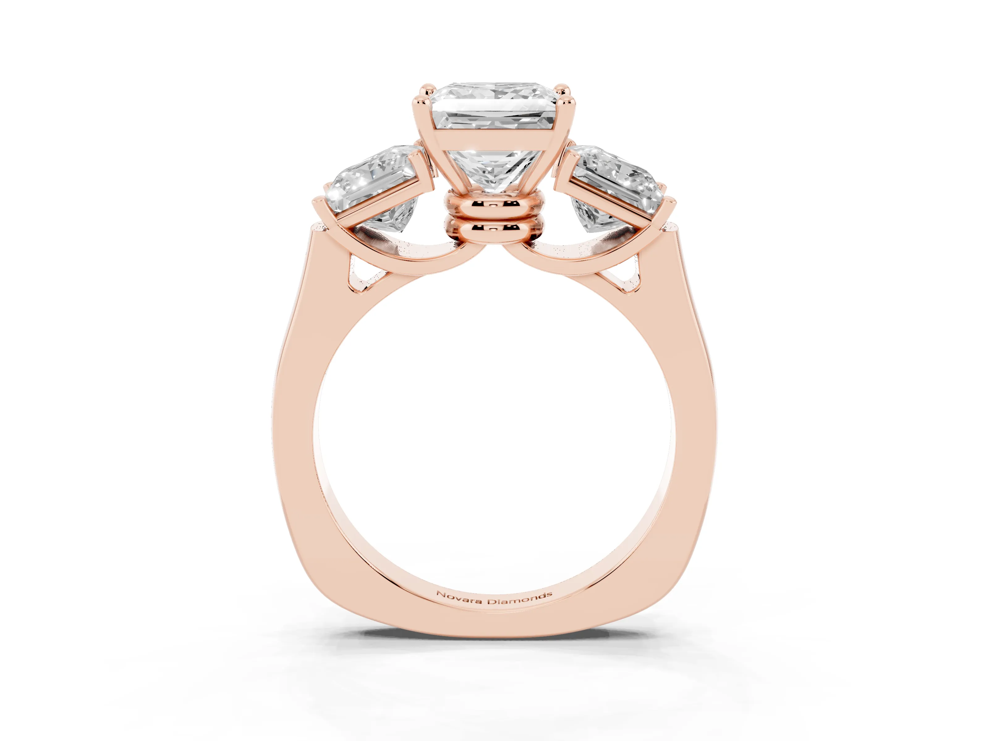 Princess Cut Diamond Three-Stone Trellis Ring Set in Rose gold with Comfort Fit Band