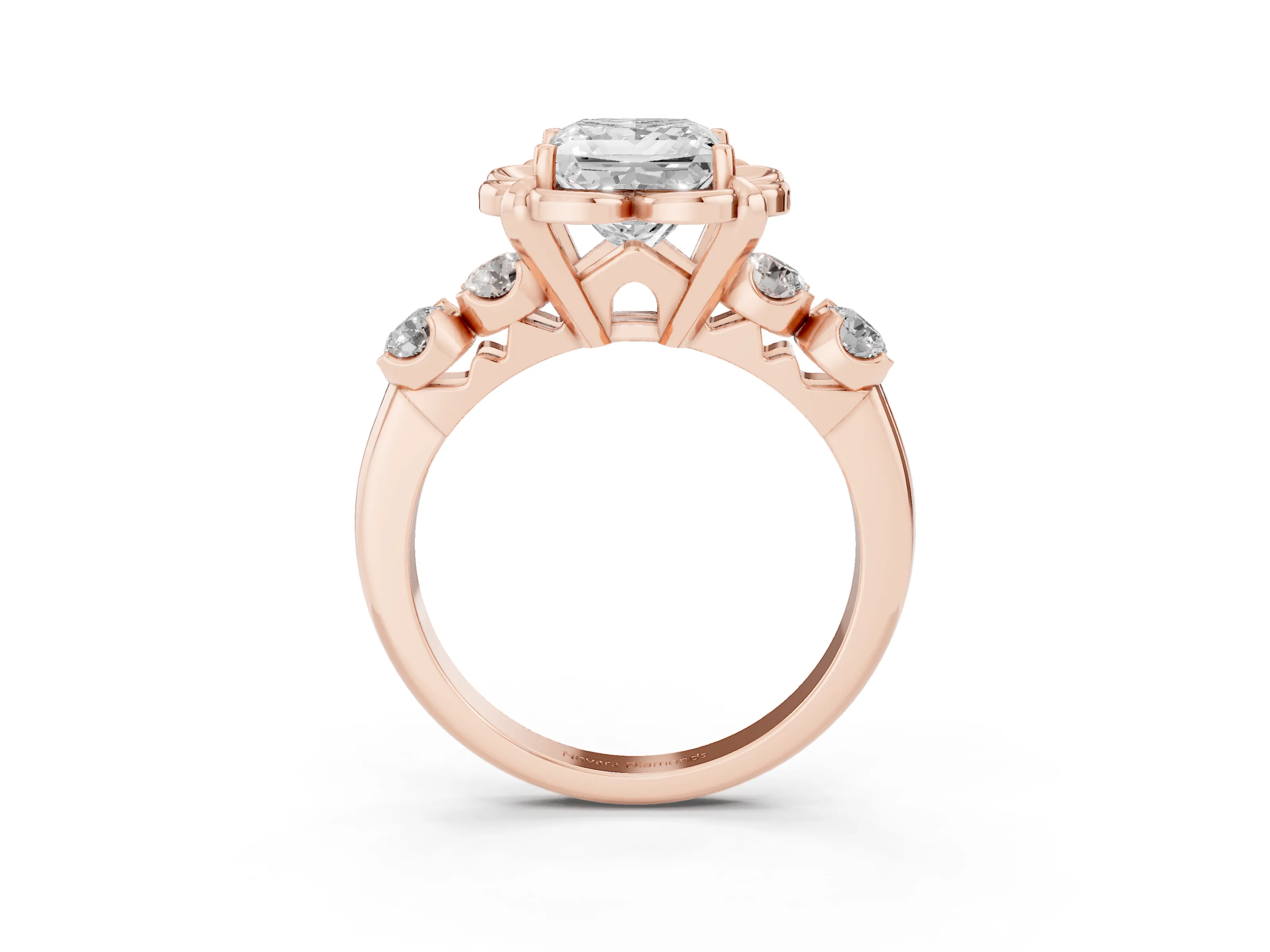 Princess Cut Diamond Floral Halo Ring Set in Rose gold with Shared Prong Band