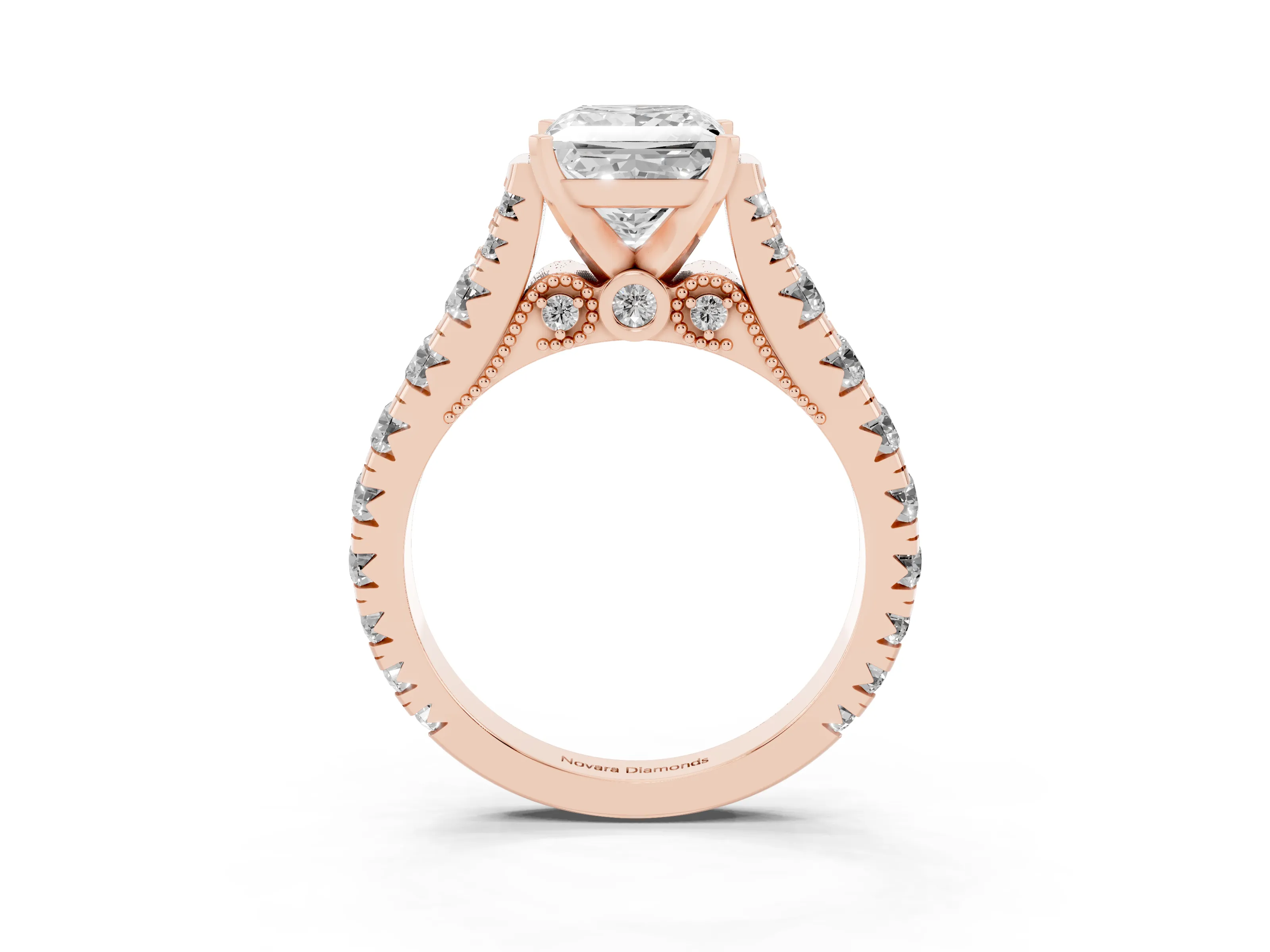 Princess Cut Diamond Classic Solitaire Ring Set in Rose gold with Pavé Band and Prong Setting