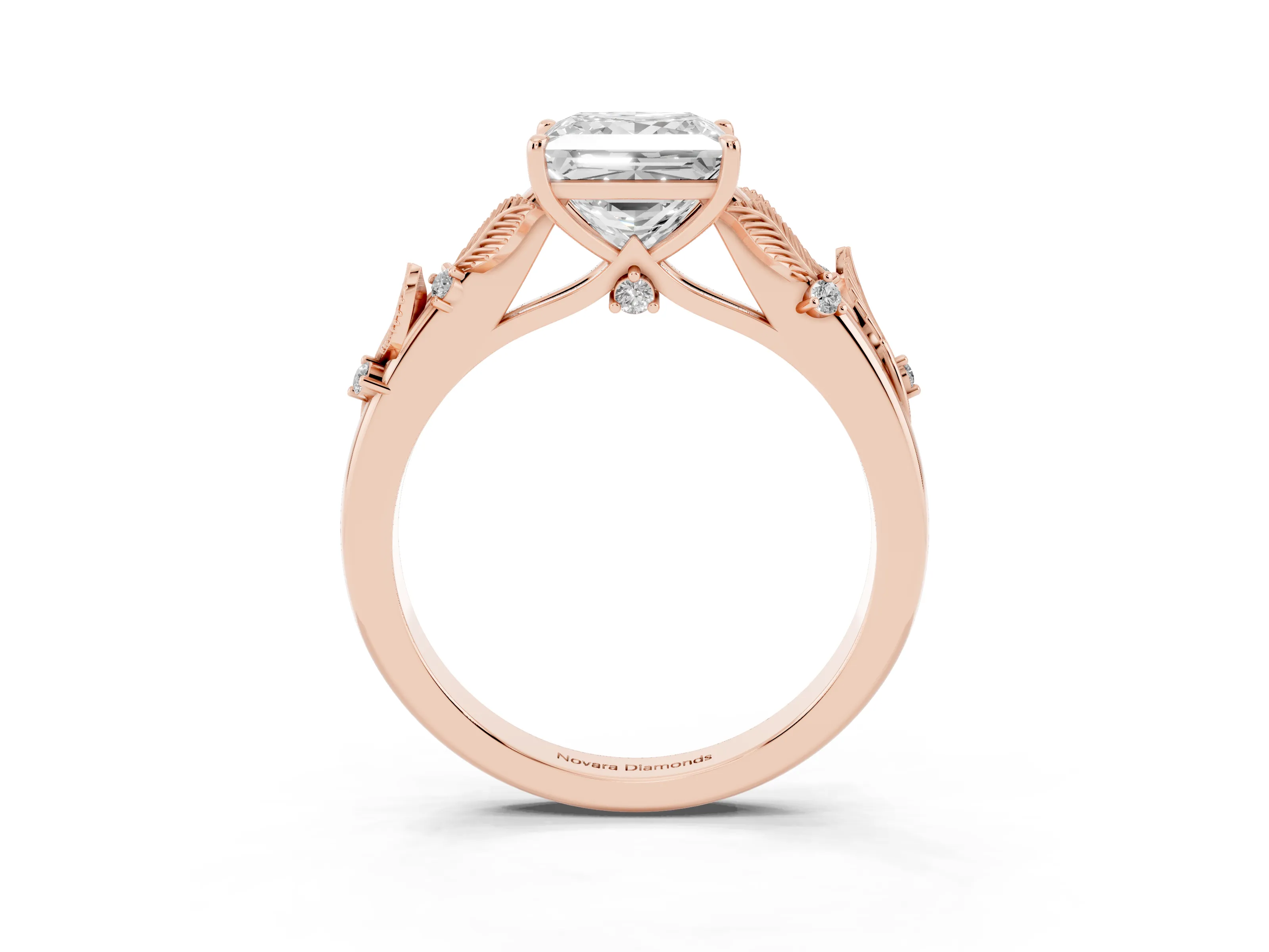 Princess Cut Diamond Solitaire Ring Set in Rose gold with Leaf Motif Band