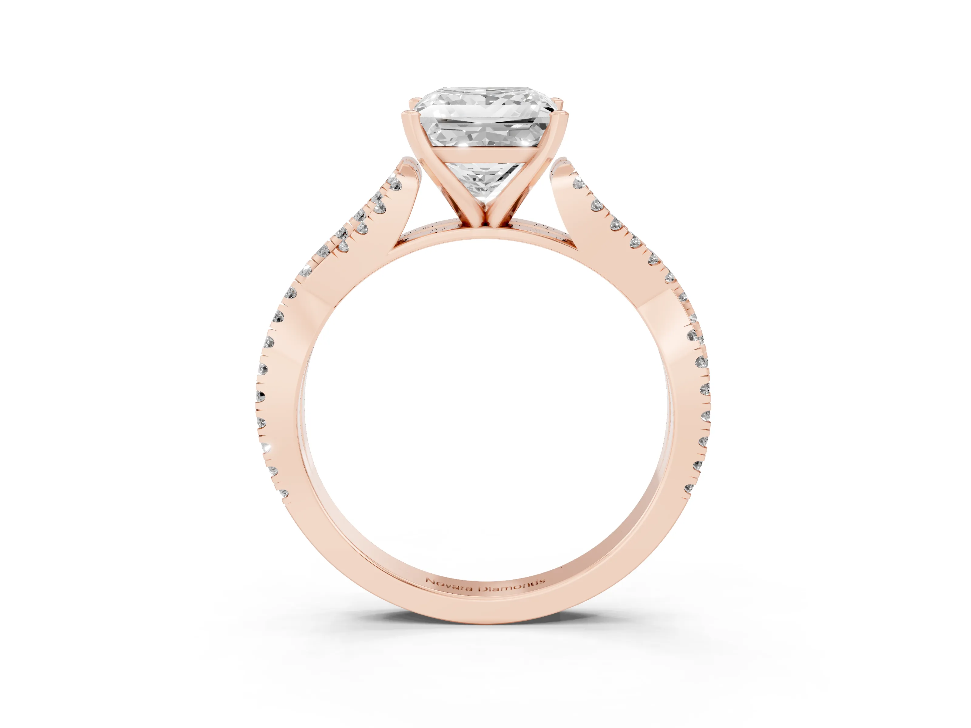 Princess Cut Diamond Solitaire Engagement Ring Set in Rose gold with Twisted Pavé Band and Prong Setting