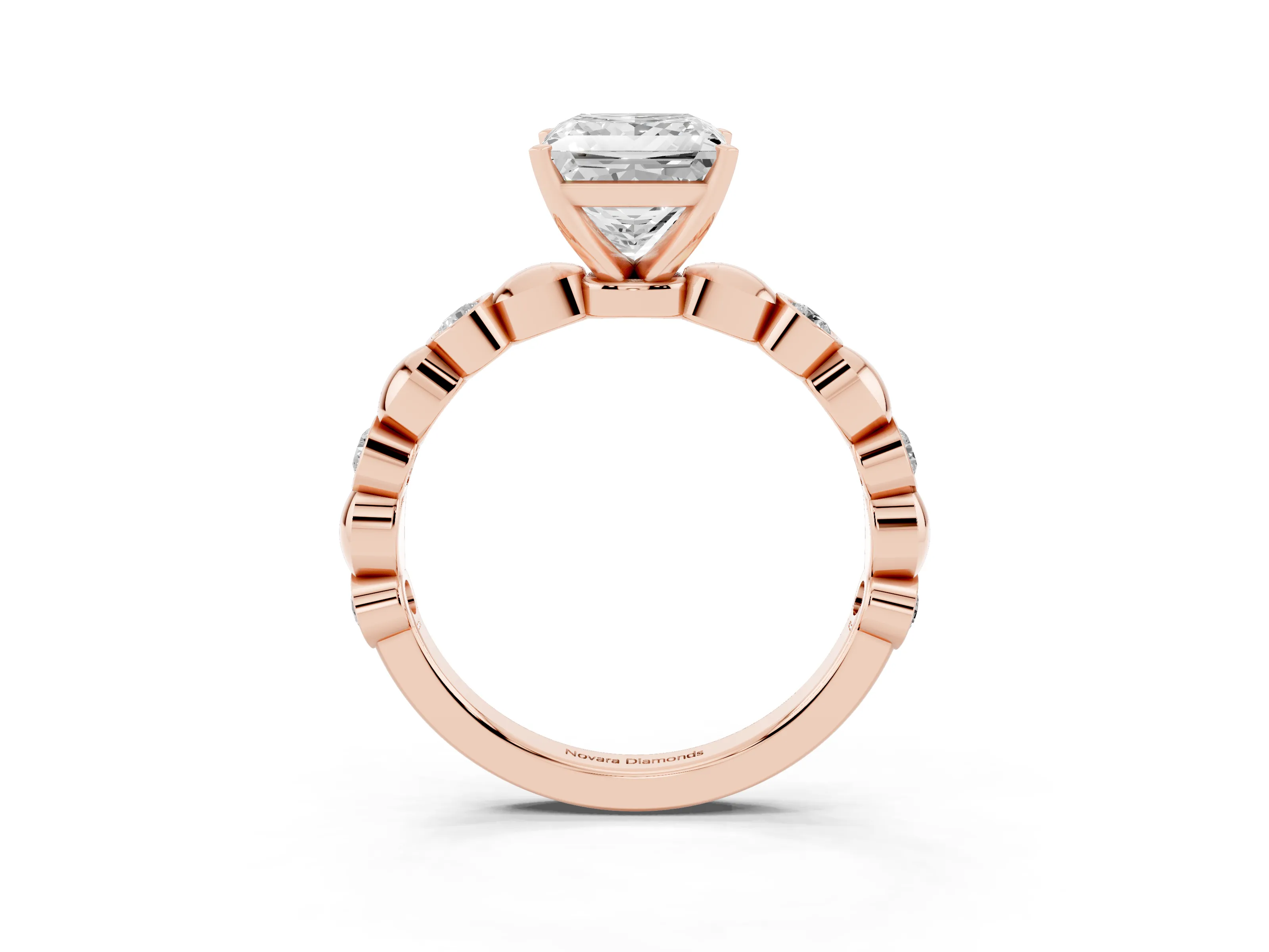 Princess Cut Diamond Solitaire Ring Set in Rose gold with Bezel-Set Accents on Beaded Band and Prong Setting