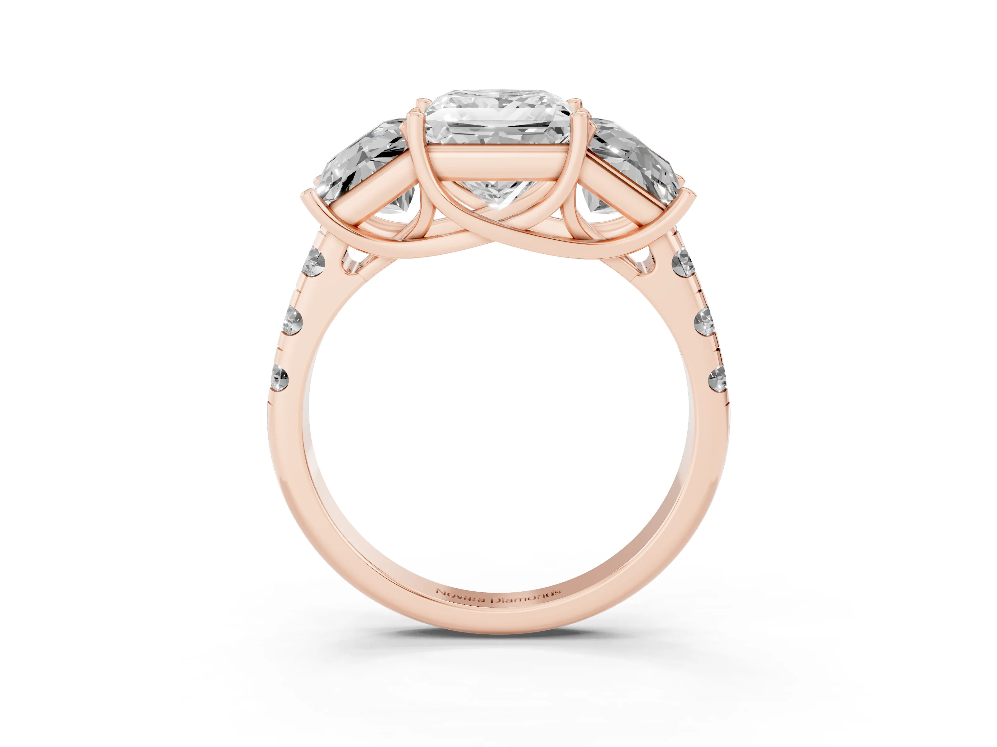 Princess Cut Diamond Three-Stone Ring Set in Rose gold with Pavé Band