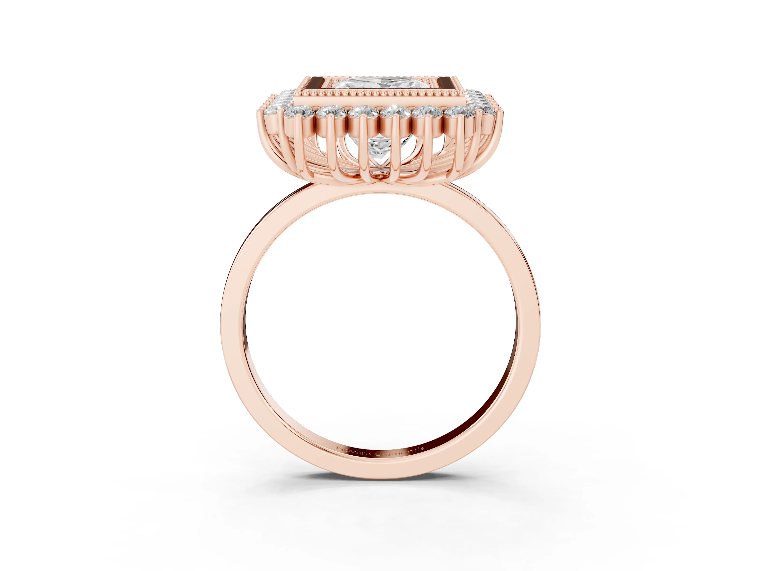 Princess Cut Diamond Halo Ring Set in Rose gold with Milgrain Edge and Round Prong Setting