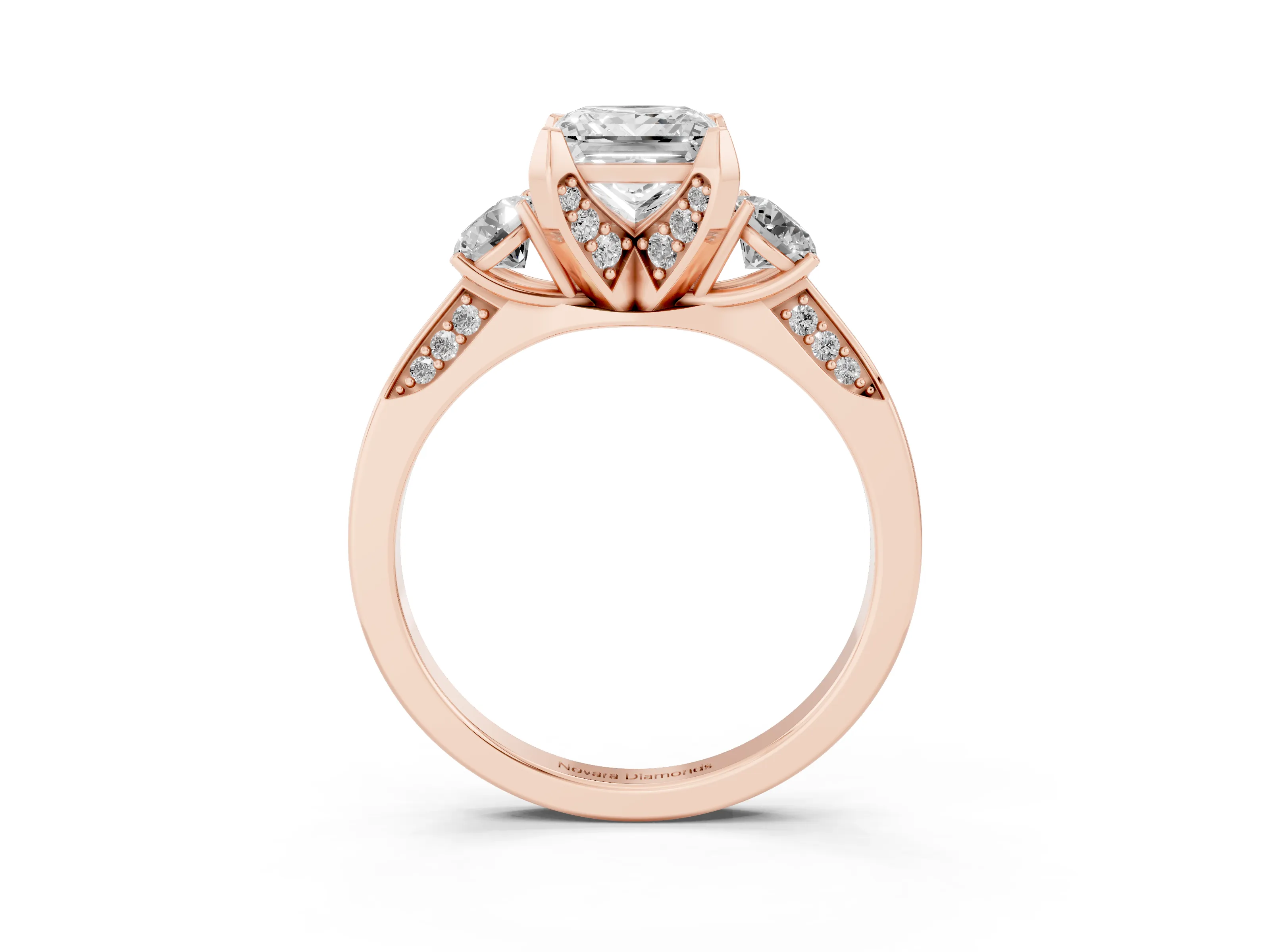 Princess Cut Diamond Three-Stone Ring Set in Rose gold with Pavé Band and Smaller Side Stones
