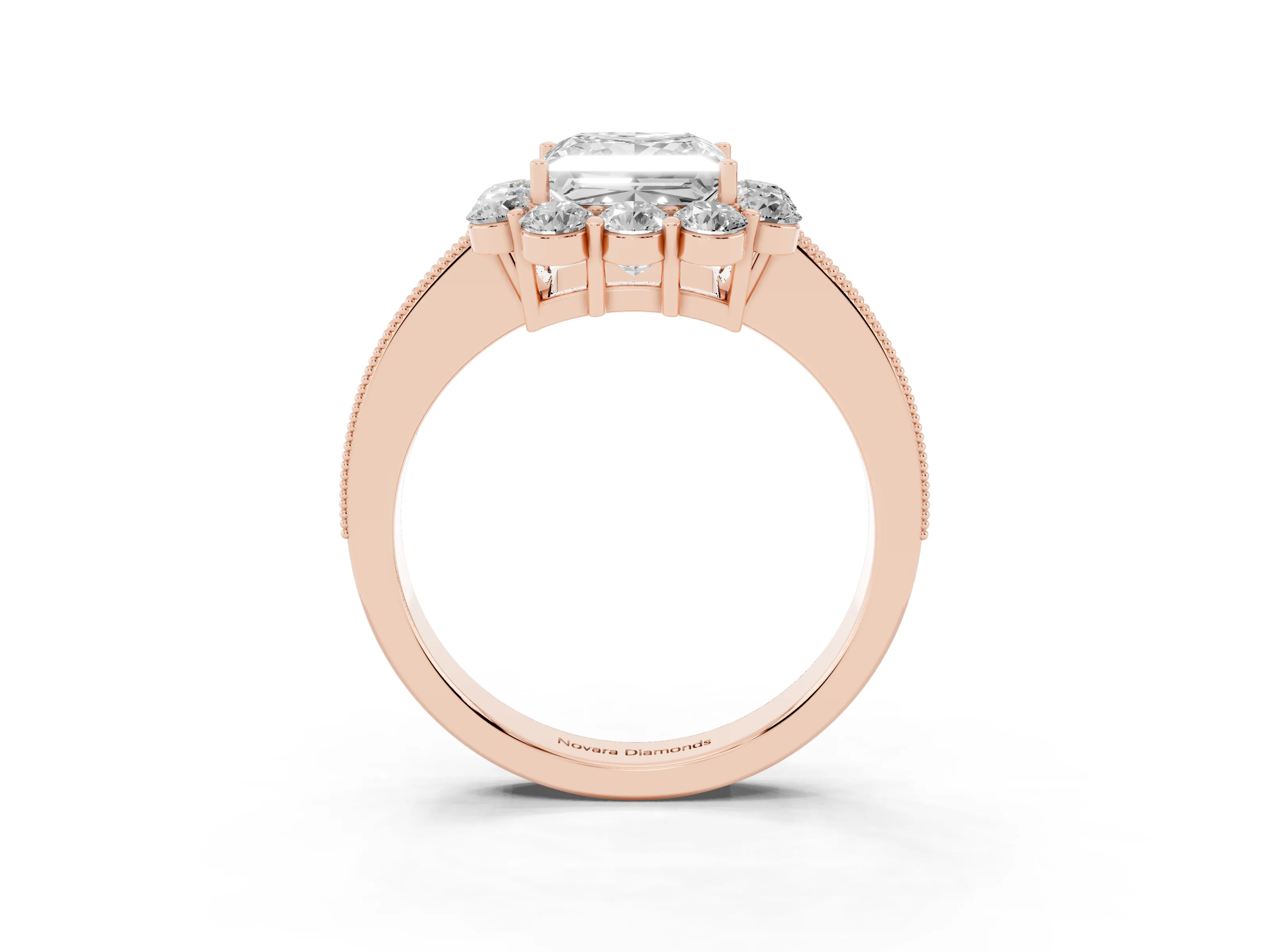 Princess Cut Diamond Halo Pavé Engagement Ring Set in Rose gold with Milgrain Detailing