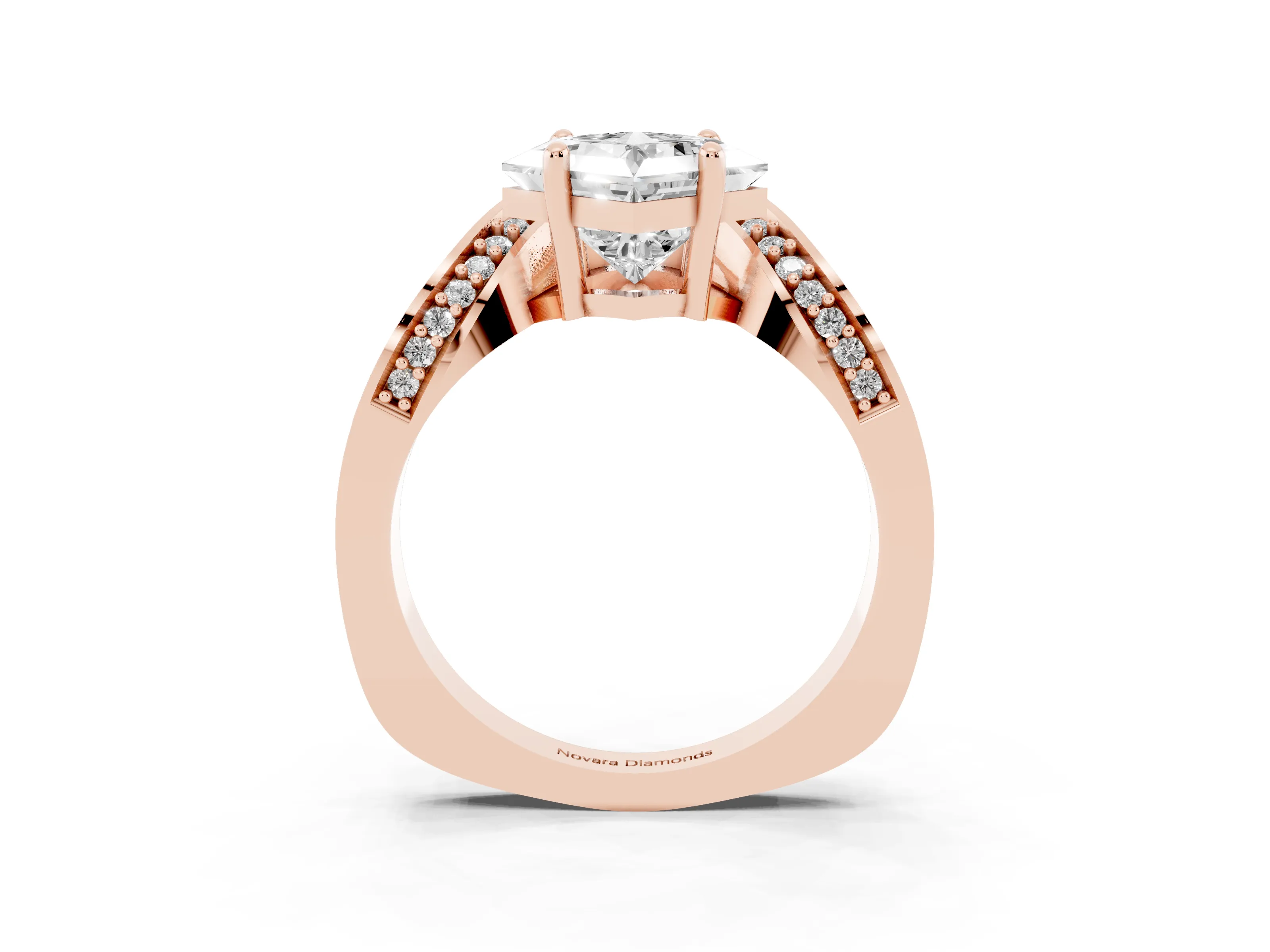 Princess Cut Diamond Solitaire Engagement Ring Set in Rose gold with Pavé Shoulders