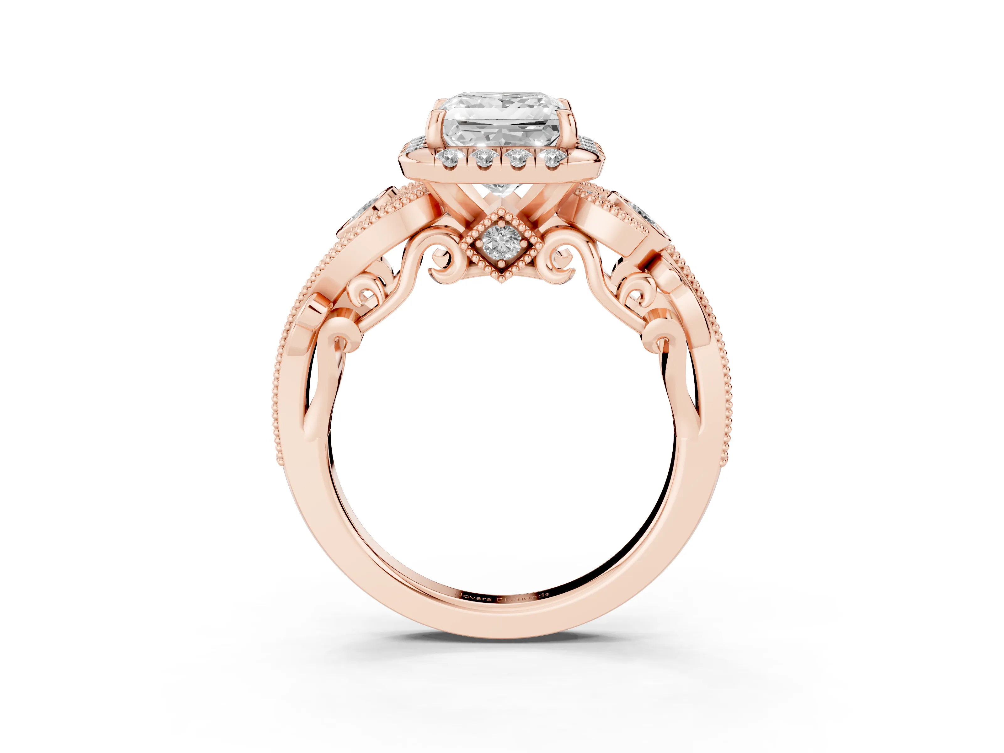 Princess Cut Diamond Halo Ring Set in Rose gold with Milgrain Pavé Band and Prong Setting