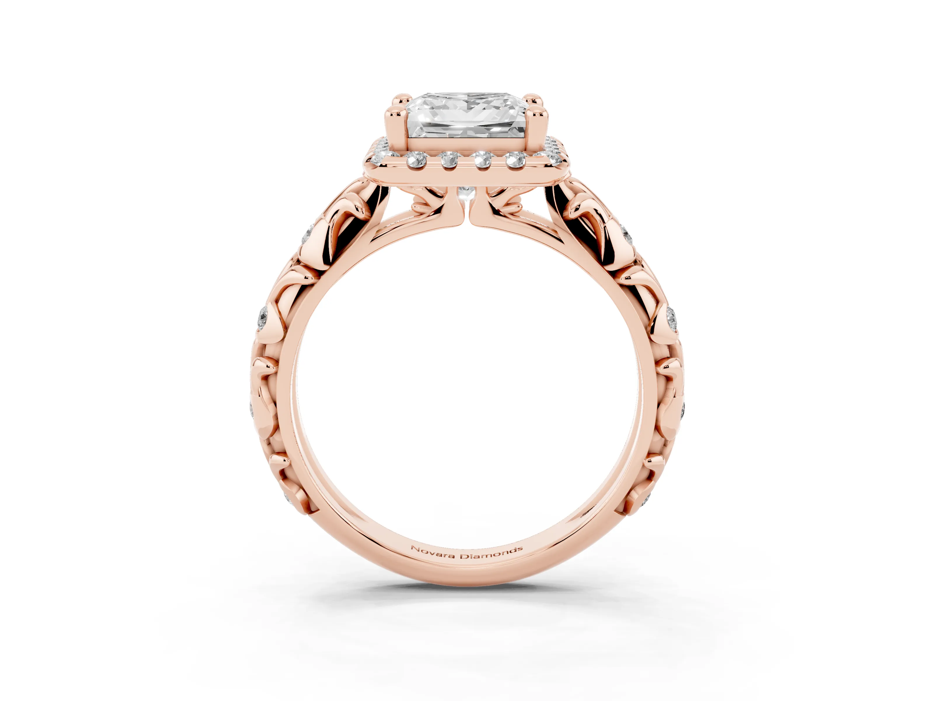Princess Cut Diamond Halo Ring Set in Rose gold with Filigree Leaf Band and Prong Setting