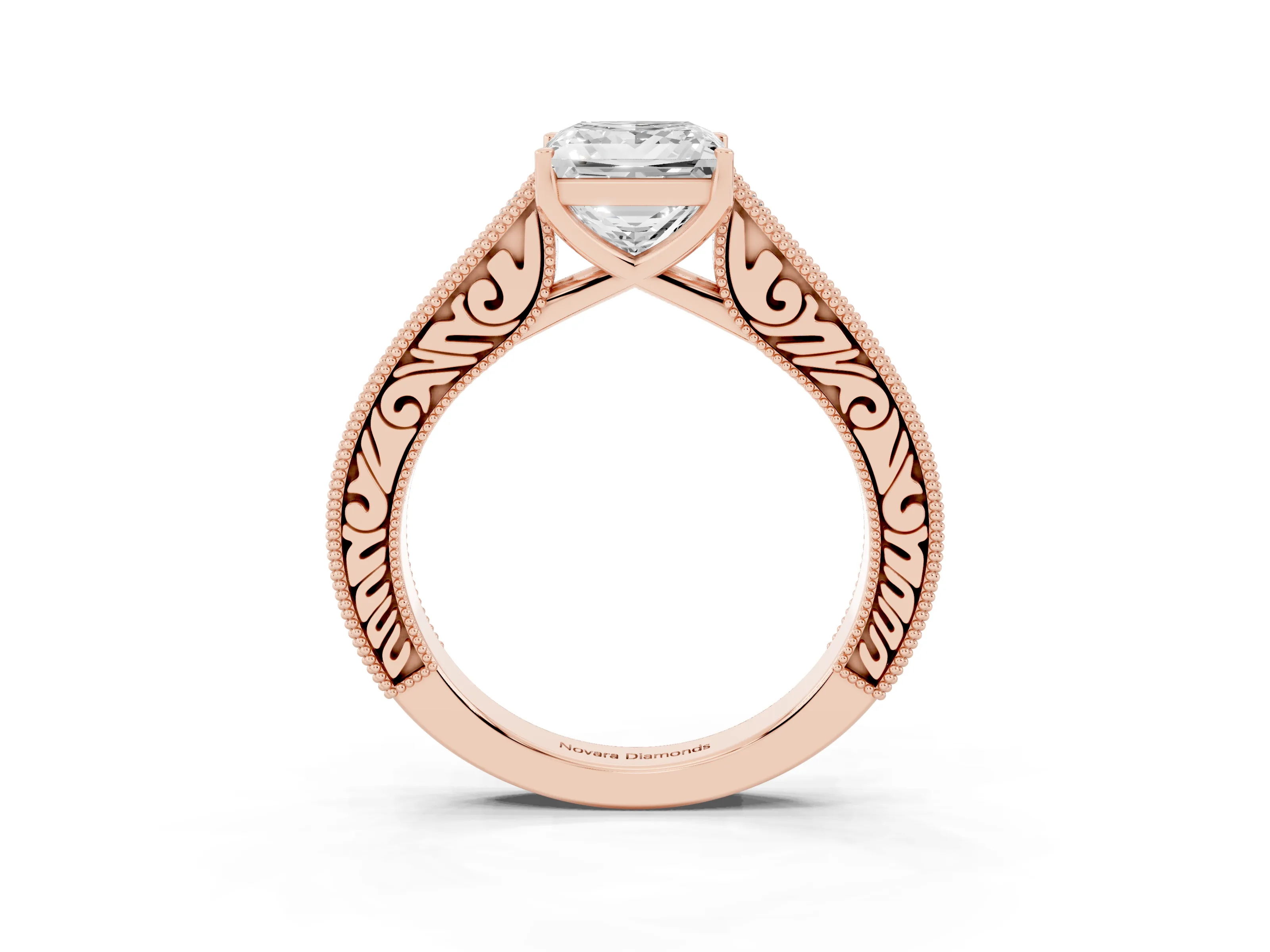 Princess Cut Diamond Milgrain Pavé Band Solitaire Ring Set in Rose gold with Prong Setting