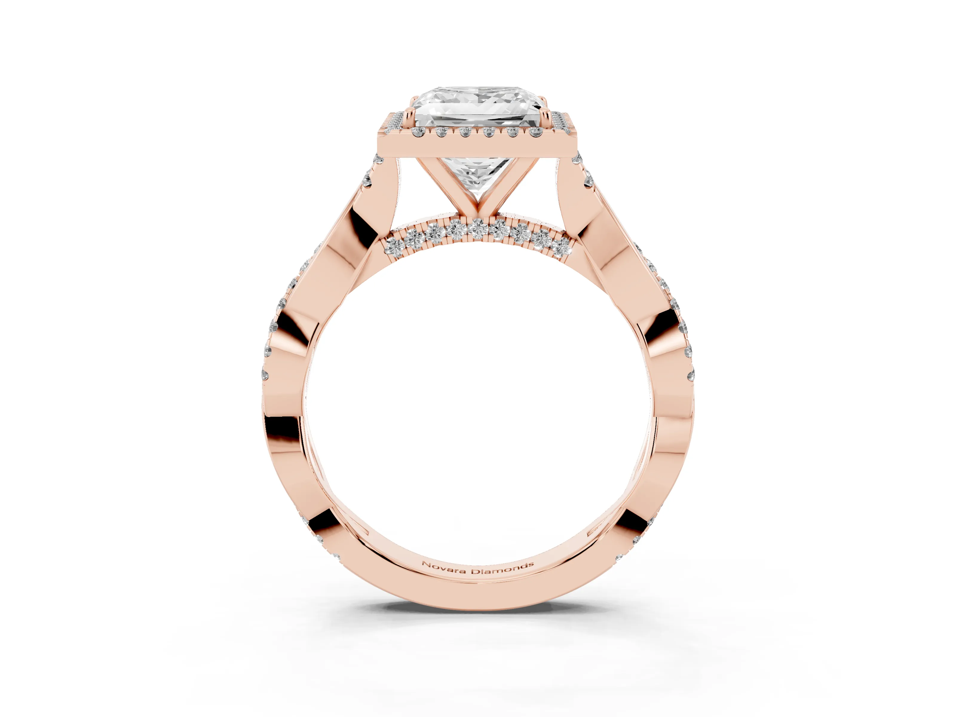 Princess Cut Diamond Halo Twist Band Solitaire Ring Set in Rose gold with Prong Setting