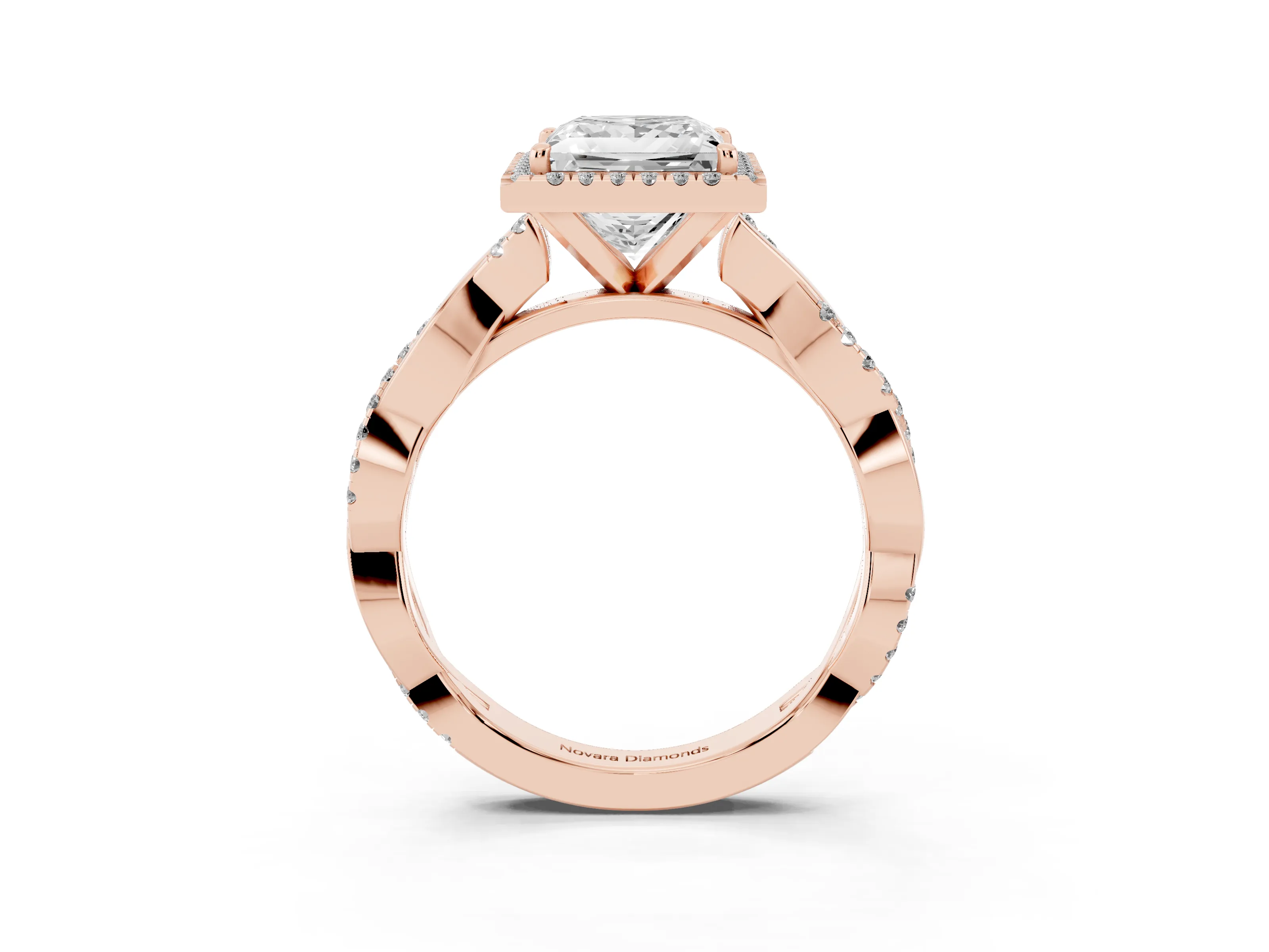 Princess Cut Diamond Halo Twisted Band Ring Set in Rose gold with Prong Setting
