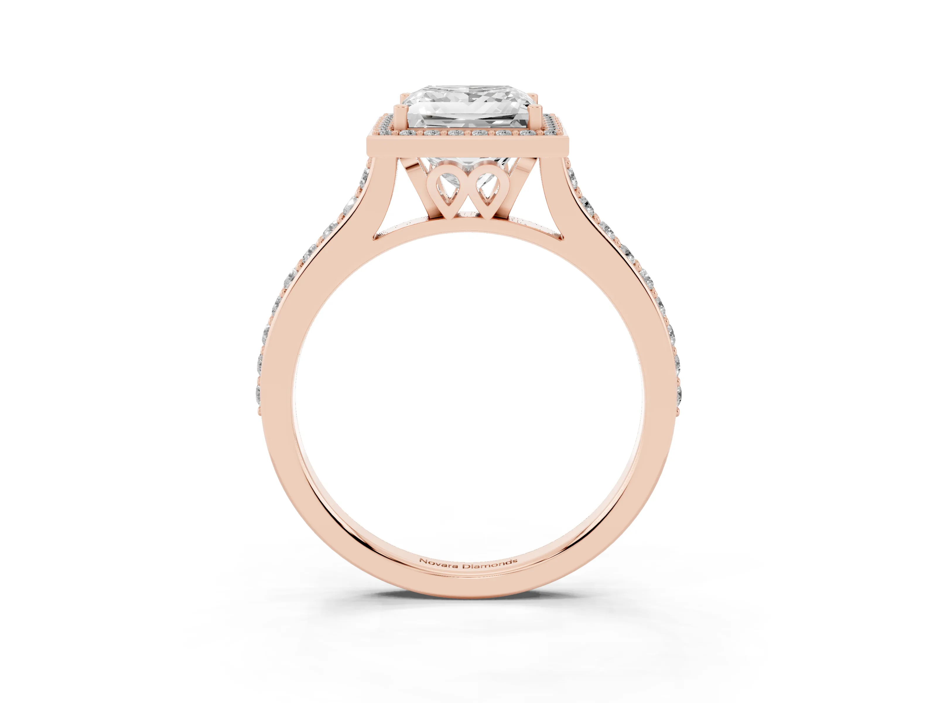 Princess Cut Diamond Halo Engagement Ring Set in Rose gold with Round Pavé Shoulders and Heart Gallery