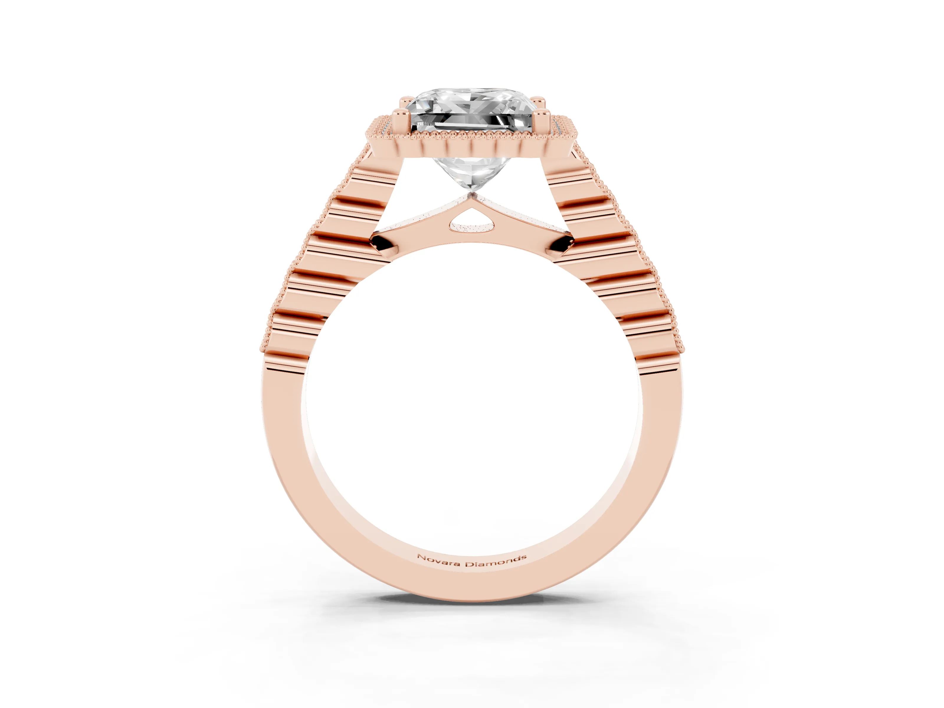 Princess Cut Diamond Halo Ring Set in Rose gold with Pavé Milgrain Band